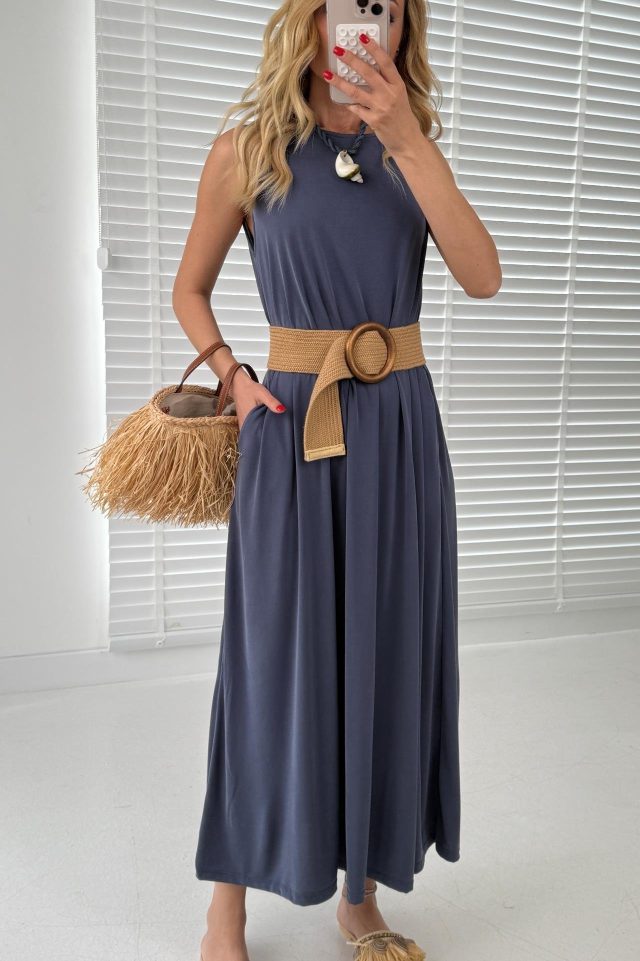 Kalın Askı Cepli Lacivert Örme Kloş Elbise ELBİSE | NO33