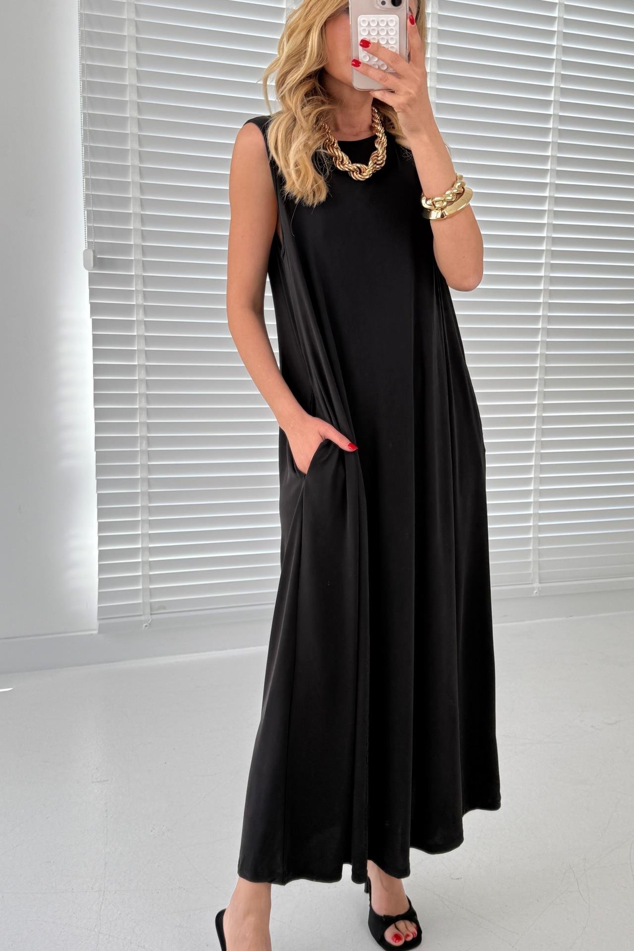 Kalın Askı Cepli Siyah Örme Kloş Elbise ELBİSE | NO33