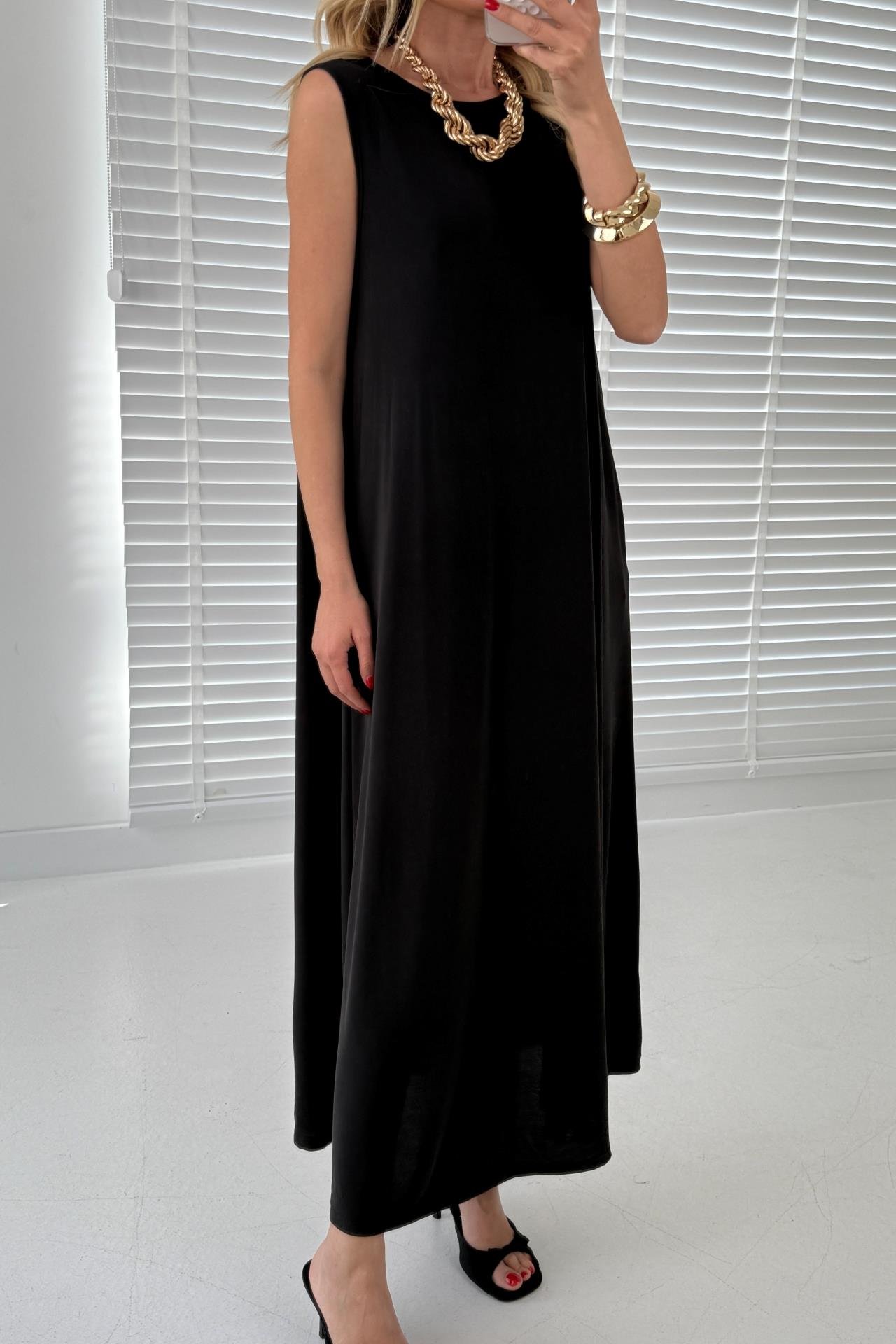 Kalın Askı Cepli Siyah Örme Kloş Elbise ELBİSE | NO33