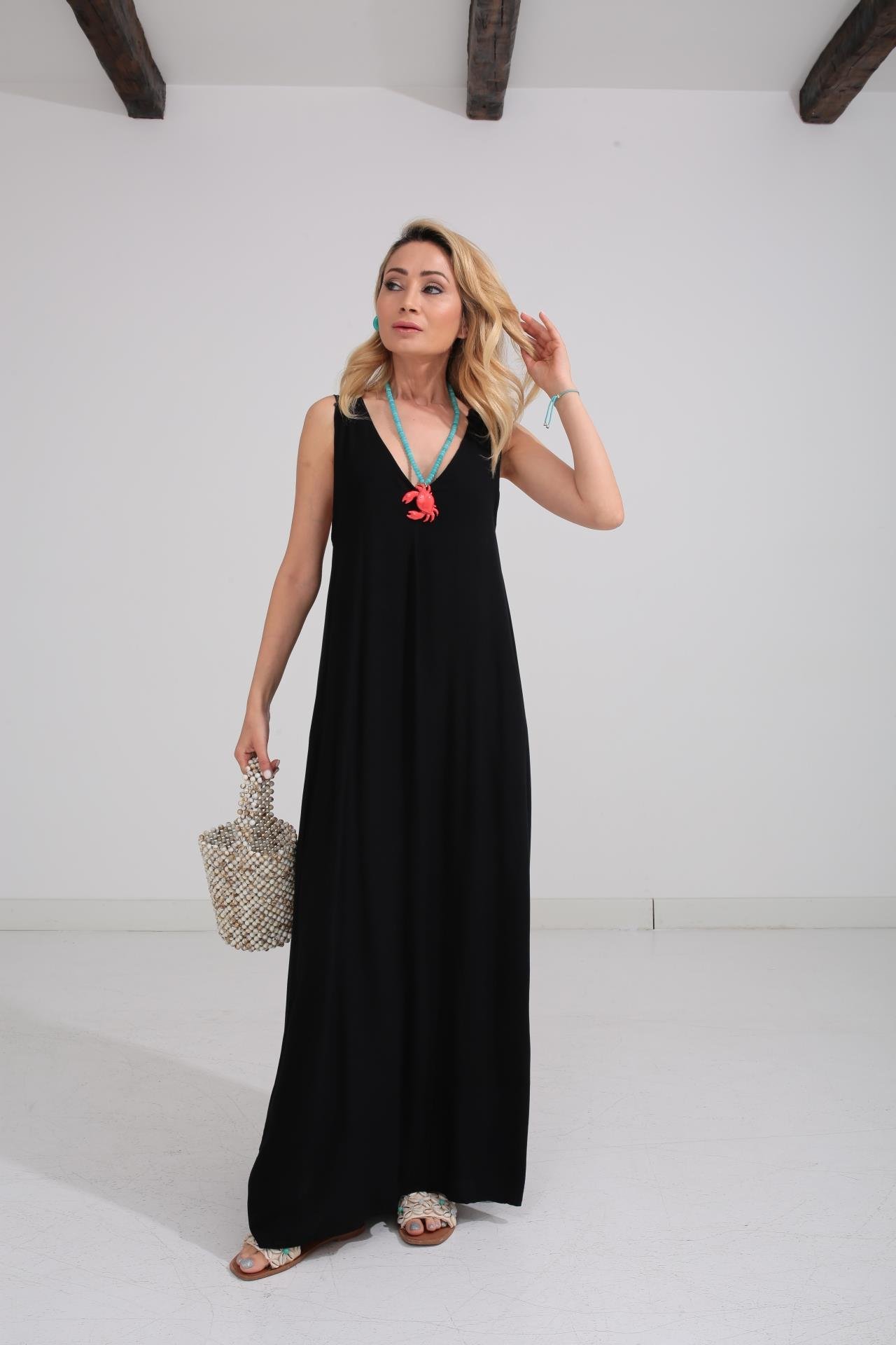 Kalın Askı Sırt Detaylı Siyah Uzun Elbise ELBİSE | NO33