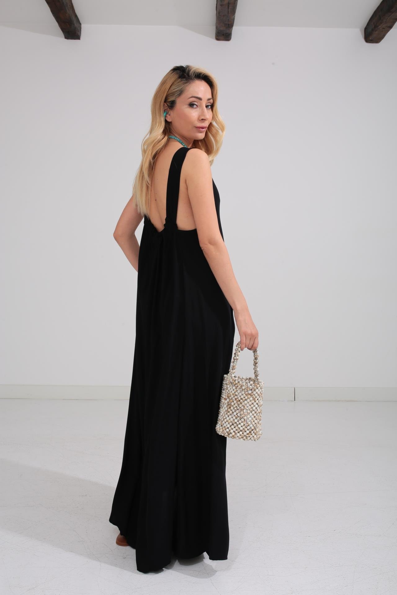 Kalın Askı Sırt Detaylı Siyah Uzun Elbise ELBİSE | NO33