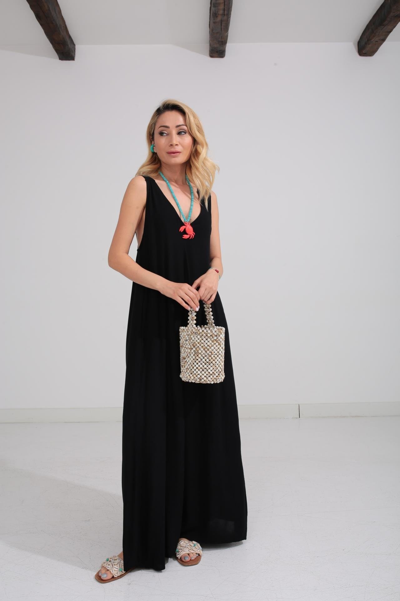 Kalın Askı Sırt Detaylı Siyah Uzun Elbise ELBİSE | NO33