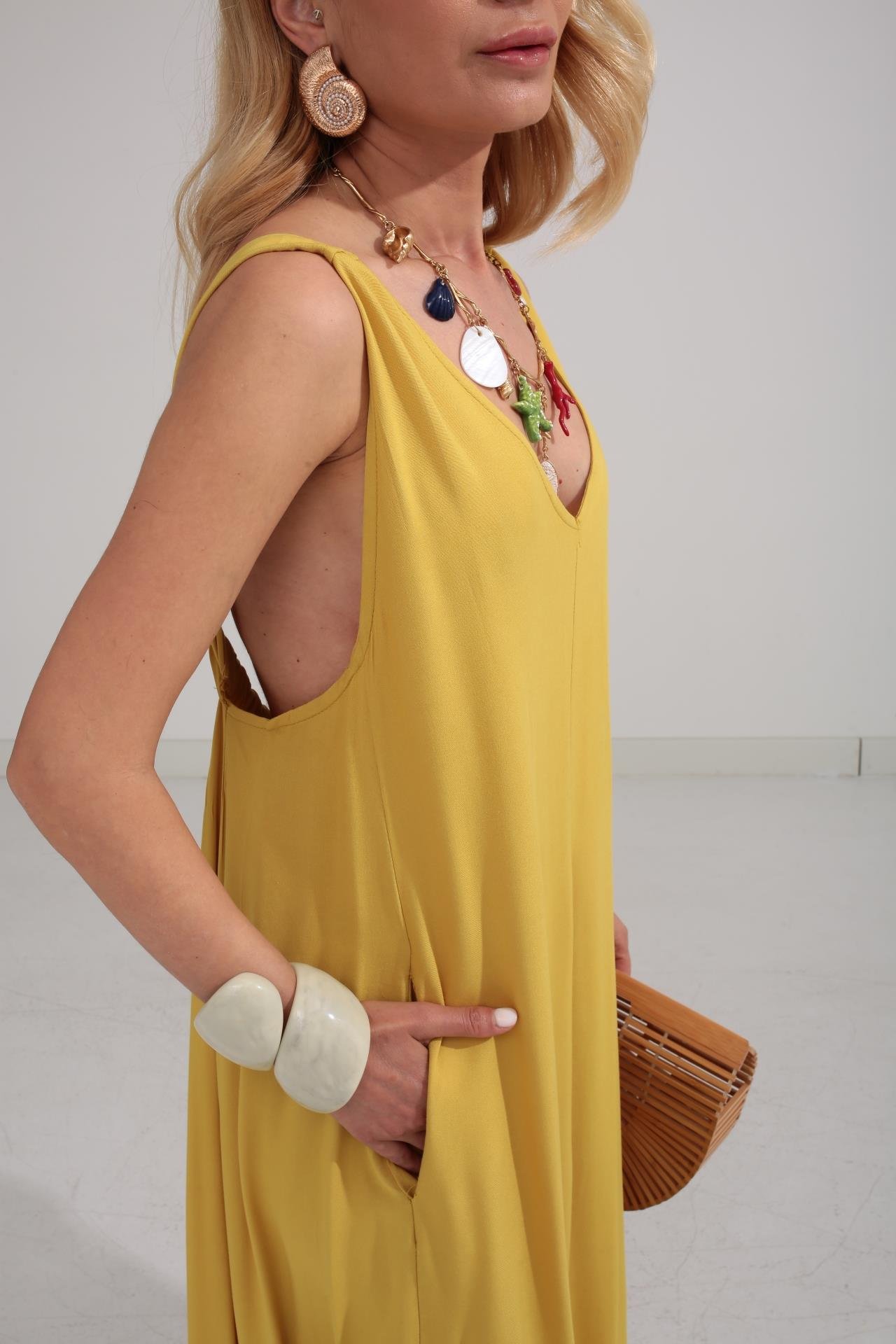 Kalın Askı Sırt Detaylı Yağ Yeşili Uzun Elbise ELBİSE | NO33