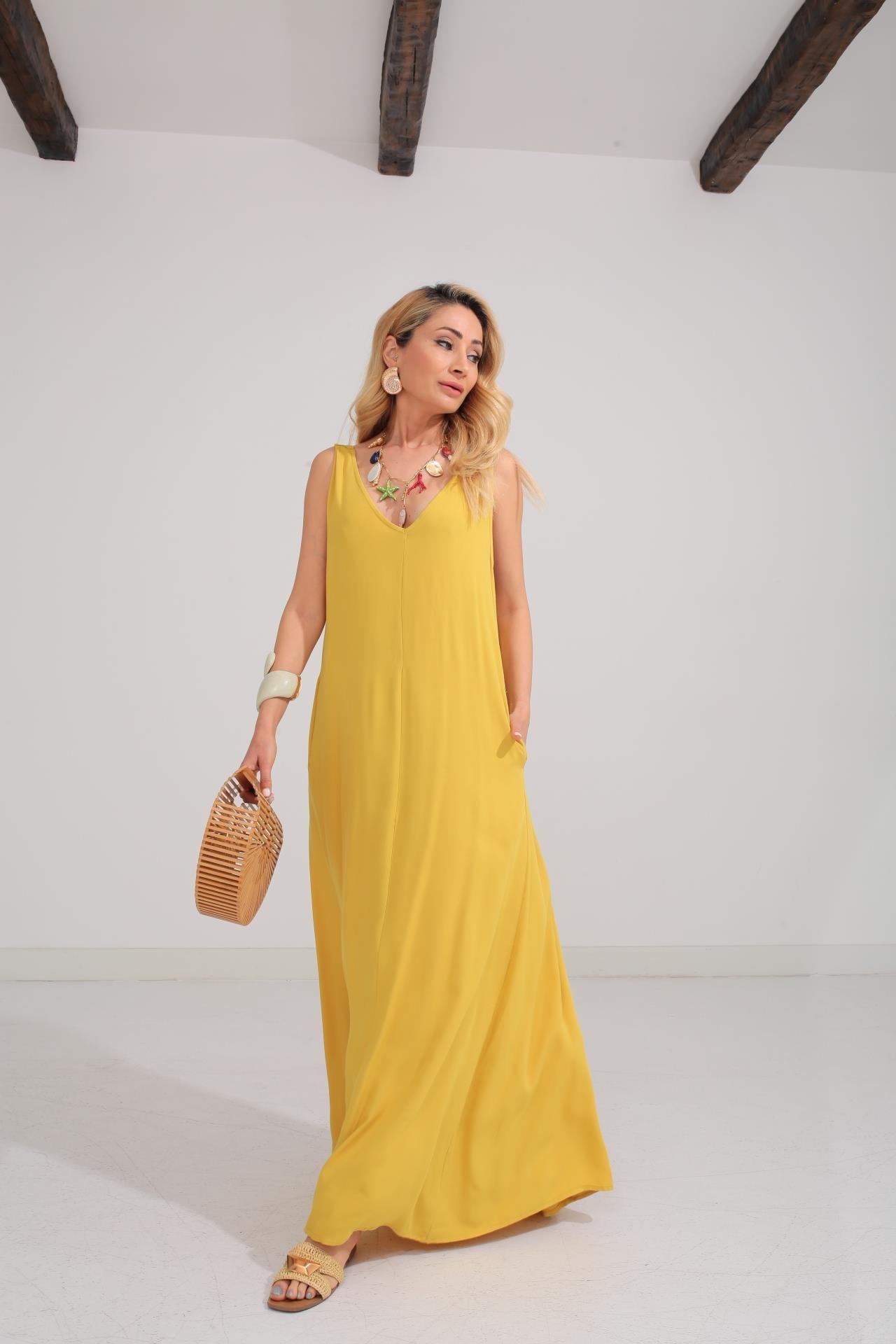 Kalın Askı Sırt Detaylı Yağ Yeşili Uzun Elbise ELBİSE | NO33