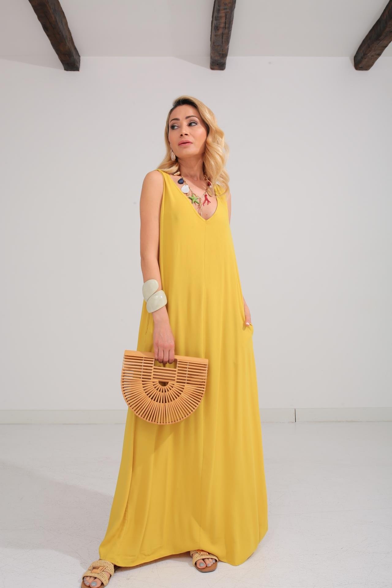 Kalın Askı Sırt Detaylı Yağ Yeşili Uzun Elbise ELBİSE | NO33