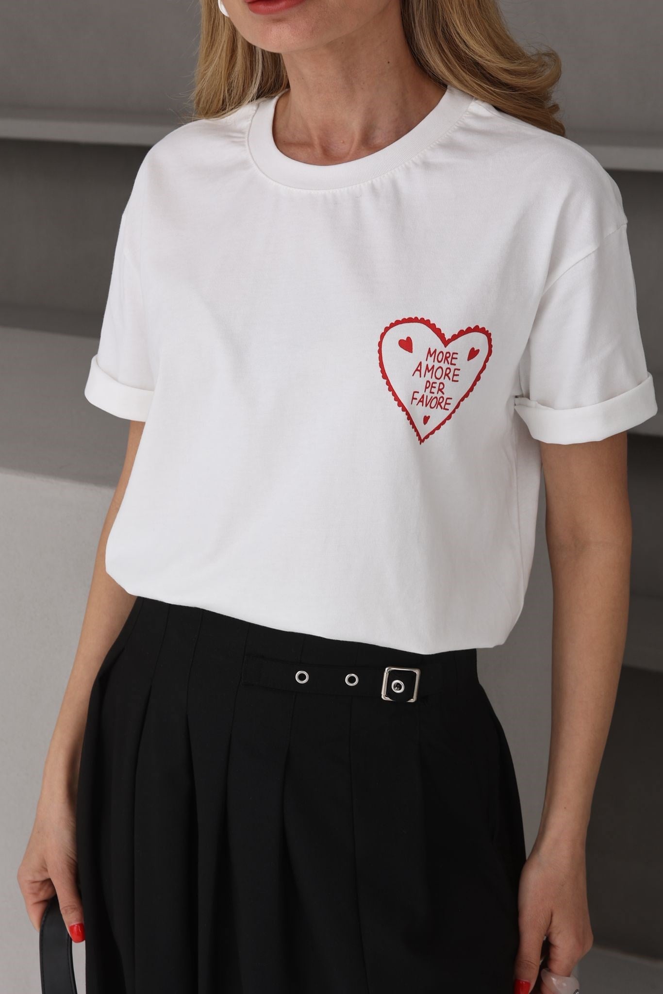 Kalp Baskılı Ekru Basic Tshirt T-SHİRT | NO33