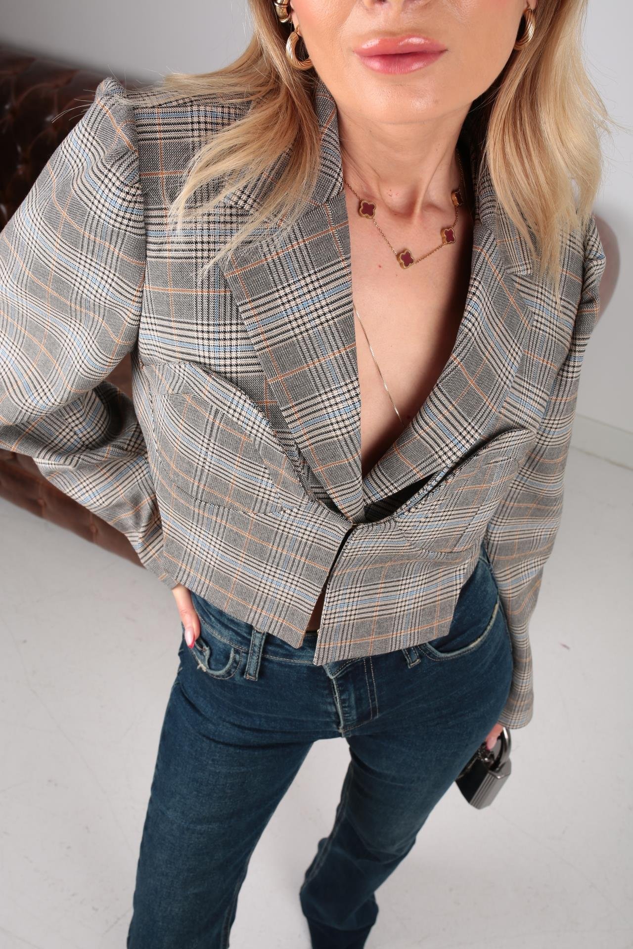 Kareli Yelek Detay Crop Ceket CEKET