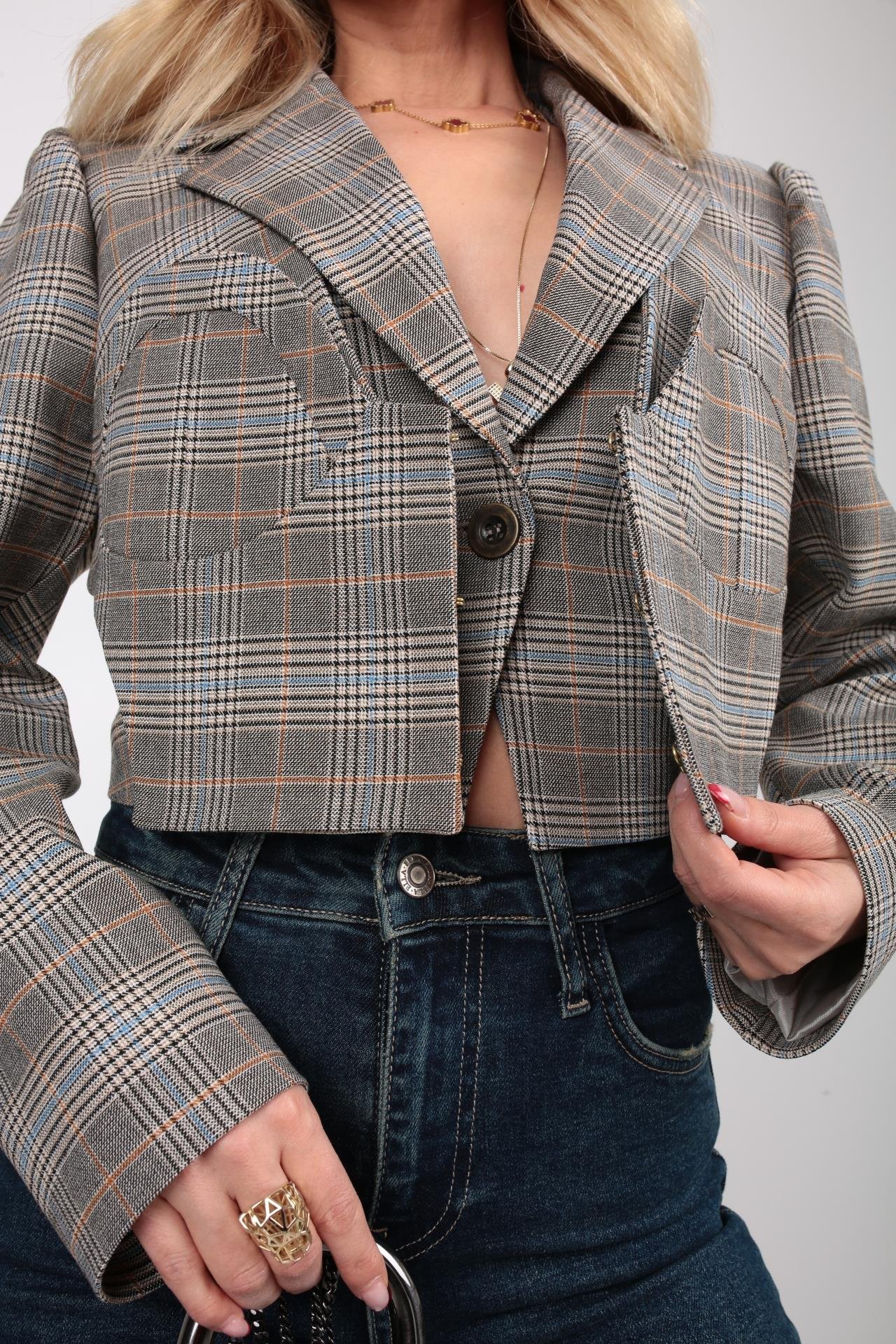 Kareli Yelek Detay Crop Ceket CEKET