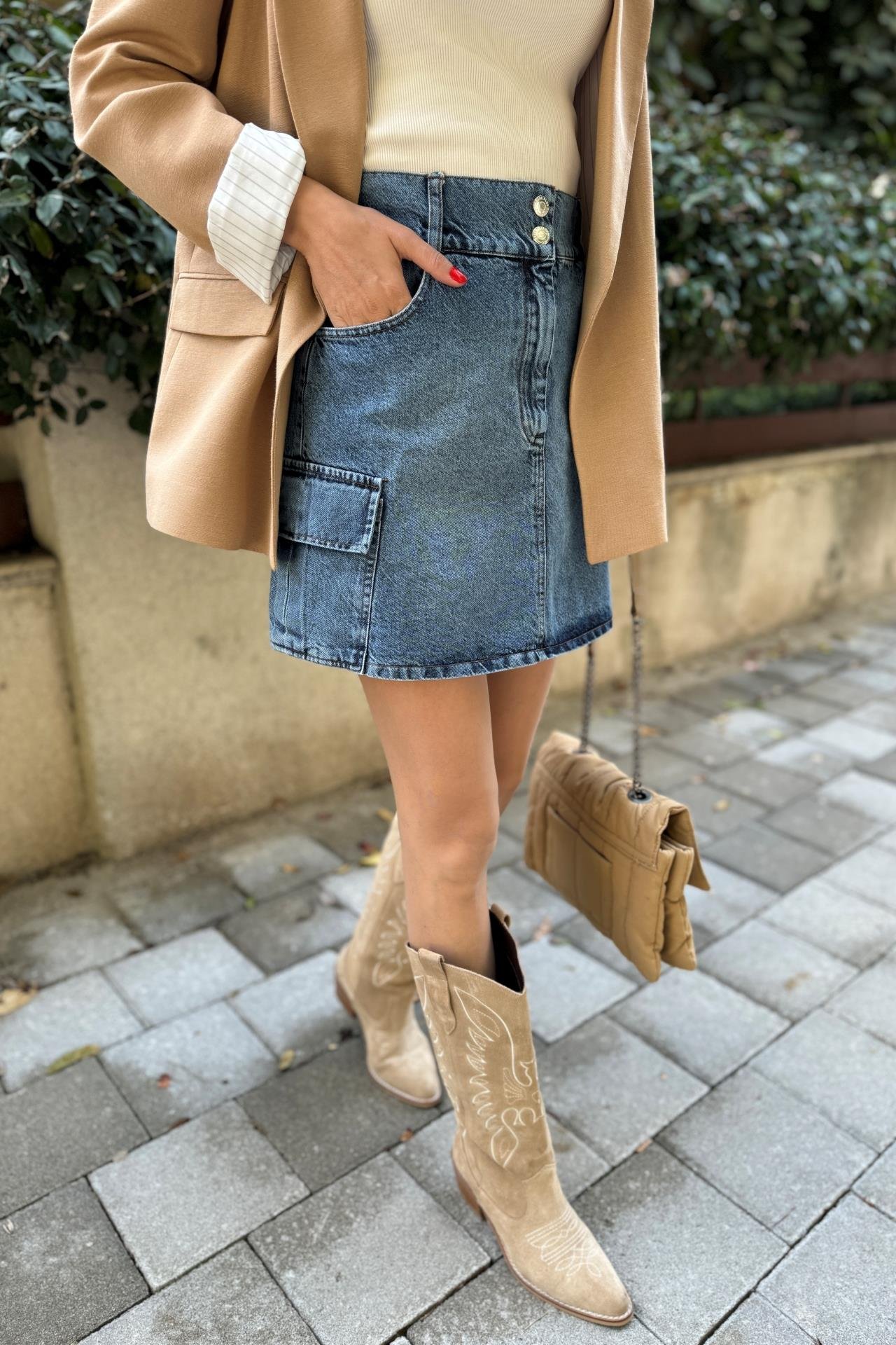 Kargo Cepli Kısa Denim Etek ETEK