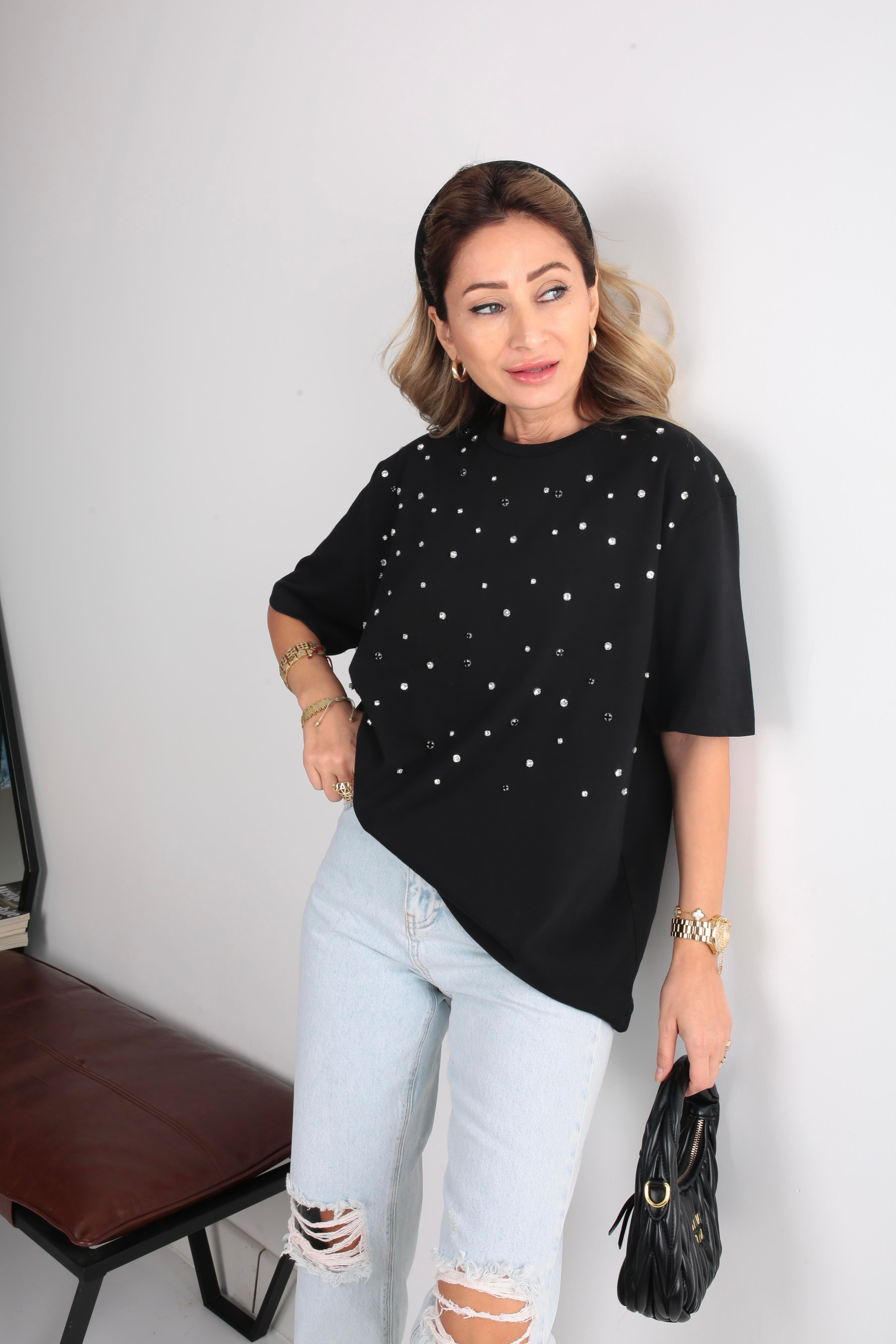 Karışık  Taş İşli Siyah Basic Tshirt T-SHİRT