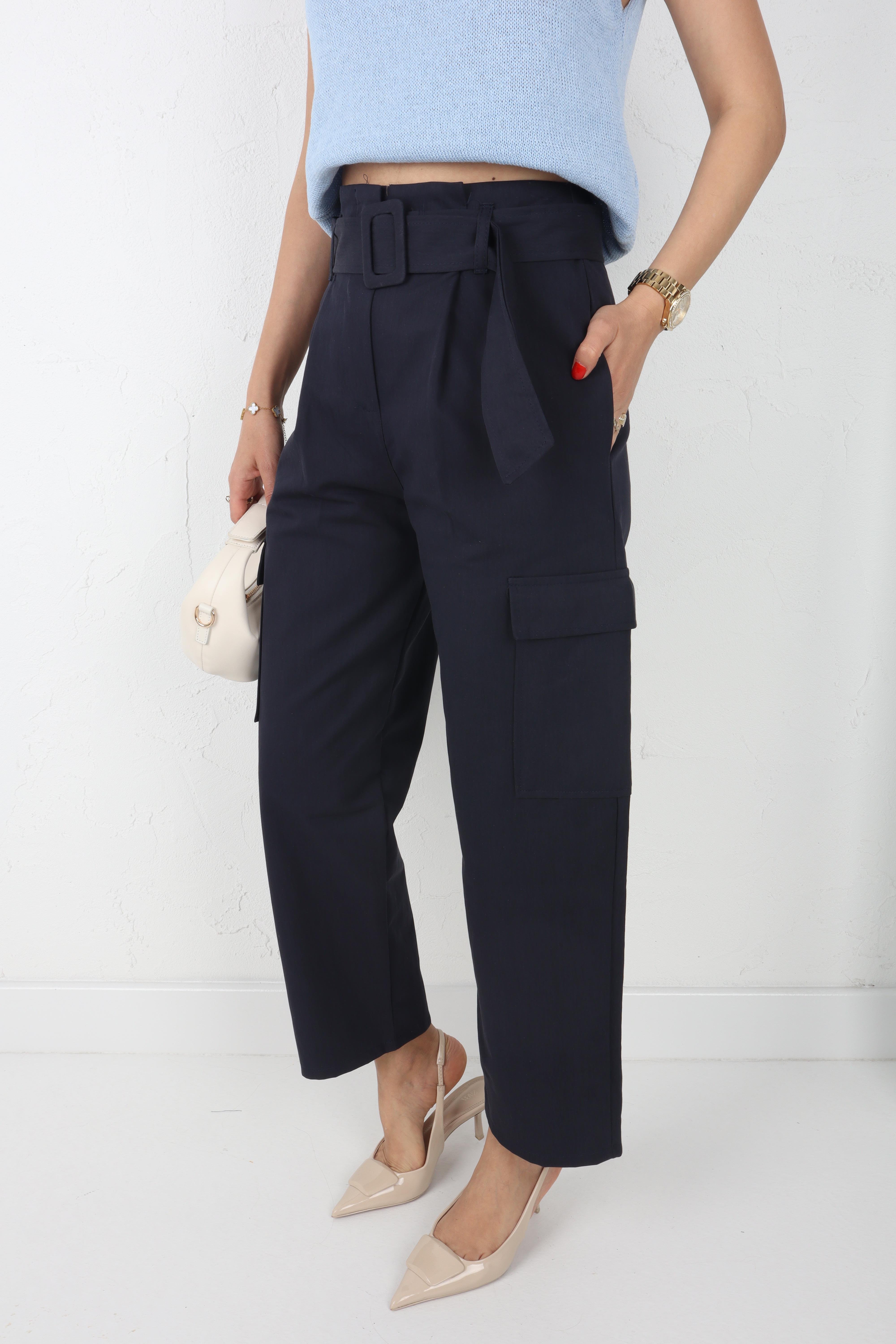 Kemerli Gabardin Kargo Cep Lacivert Pantolon PANTOLON