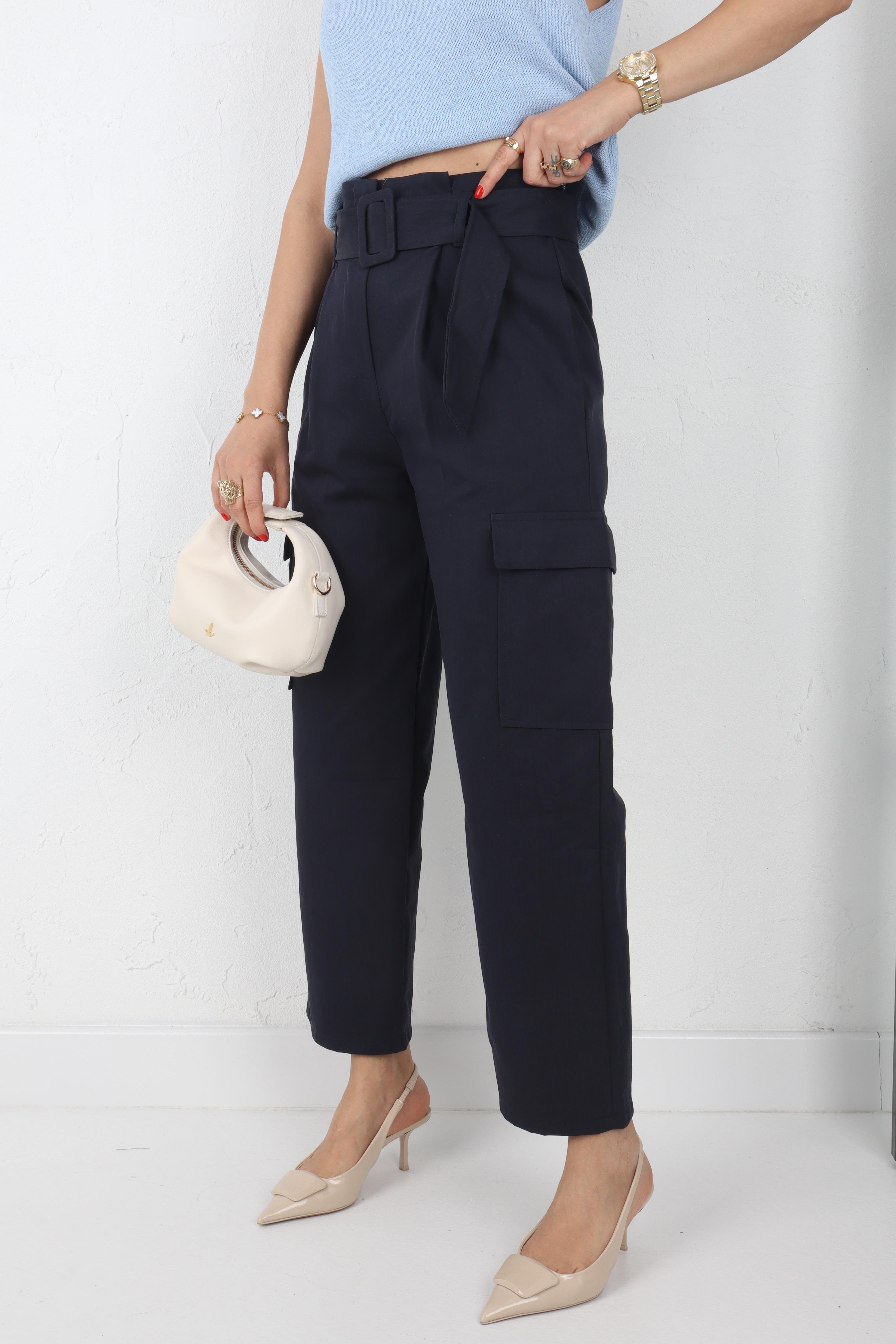 Kemerli Gabardin Kargo Cep Lacivert Pantolon PANTOLON