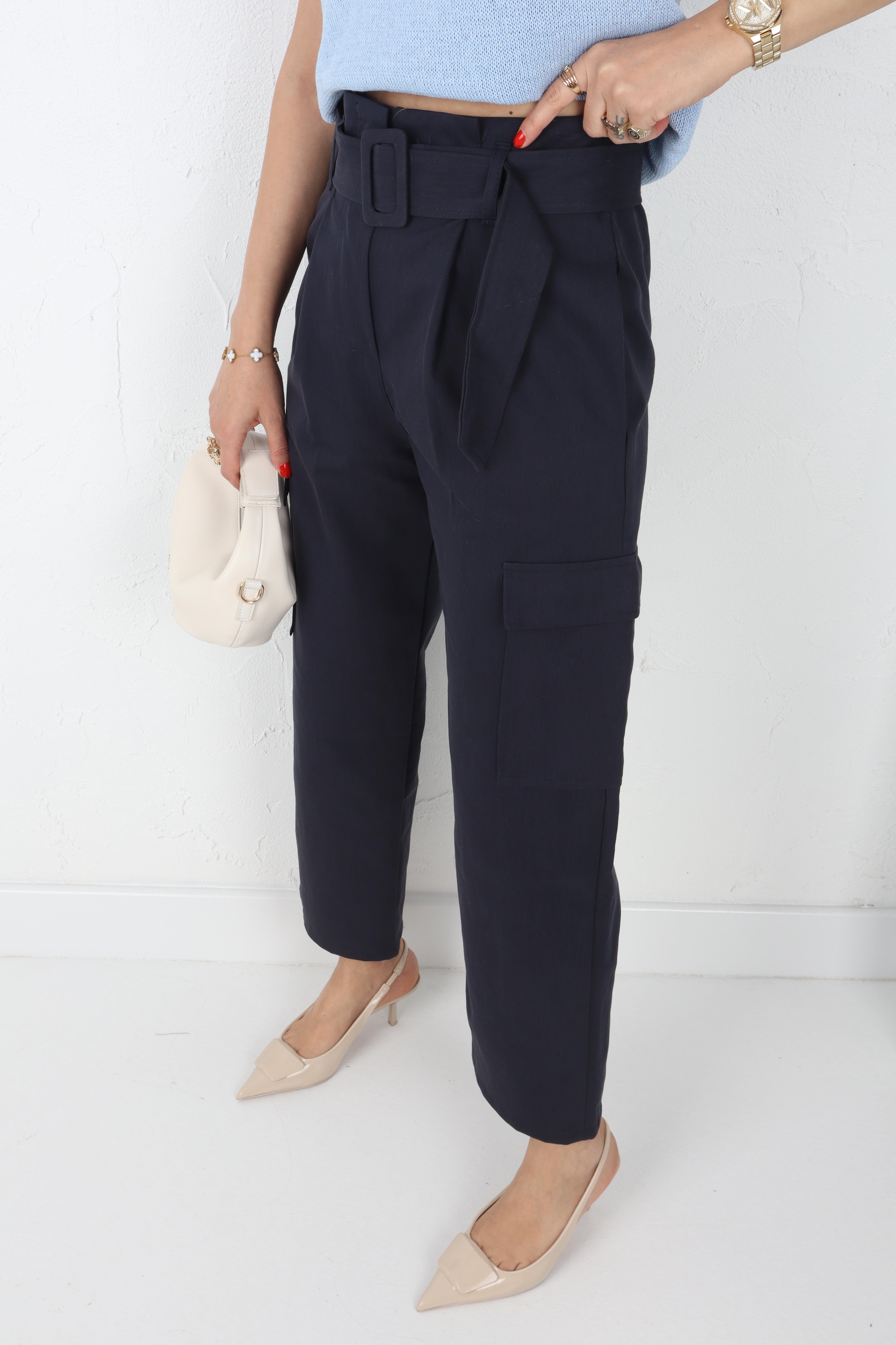 Kemerli Gabardin Kargo Cep Lacivert Pantolon PANTOLON