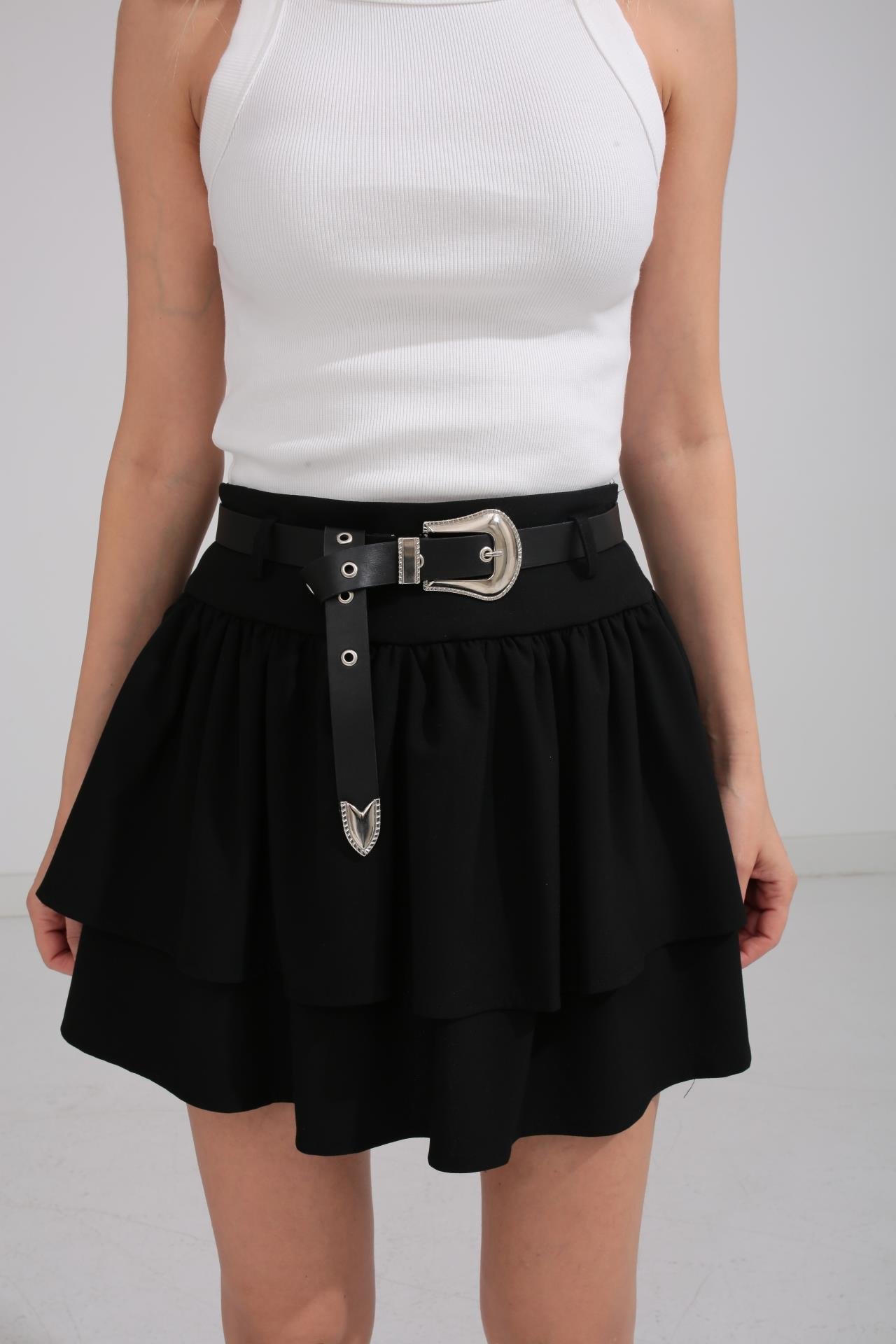 Kemerli Siyah Katlı Kumaş Etek ETEK | NO33