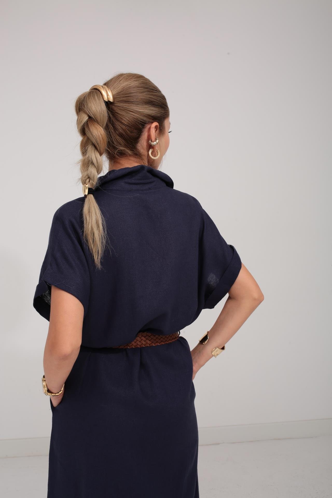 Kendinden Kemerli Lacivert Keten Elbise ELBİSE | NO33