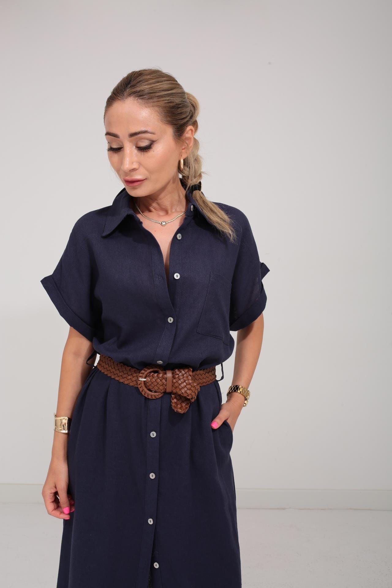 Kendinden Kemerli Lacivert Keten Elbise ELBİSE | NO33