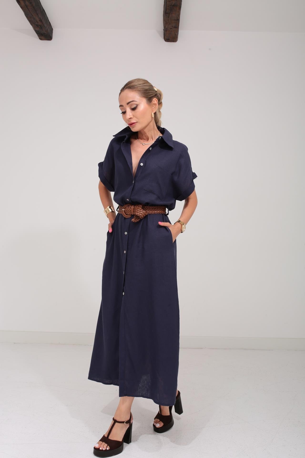 Kendinden Kemerli Lacivert Keten Elbise ELBİSE | NO33