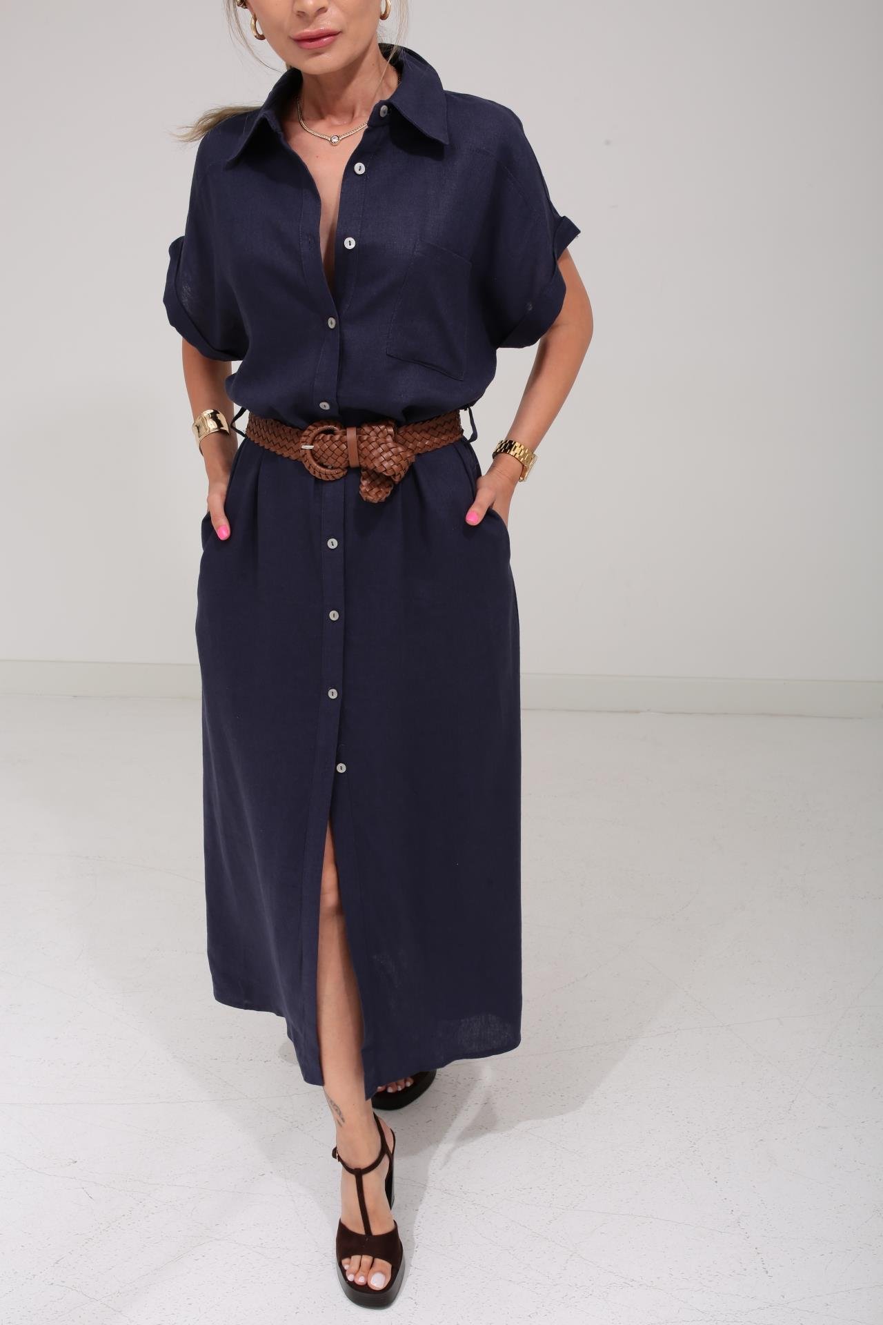 Kendinden Kemerli Lacivert Keten Elbise ELBİSE | NO33