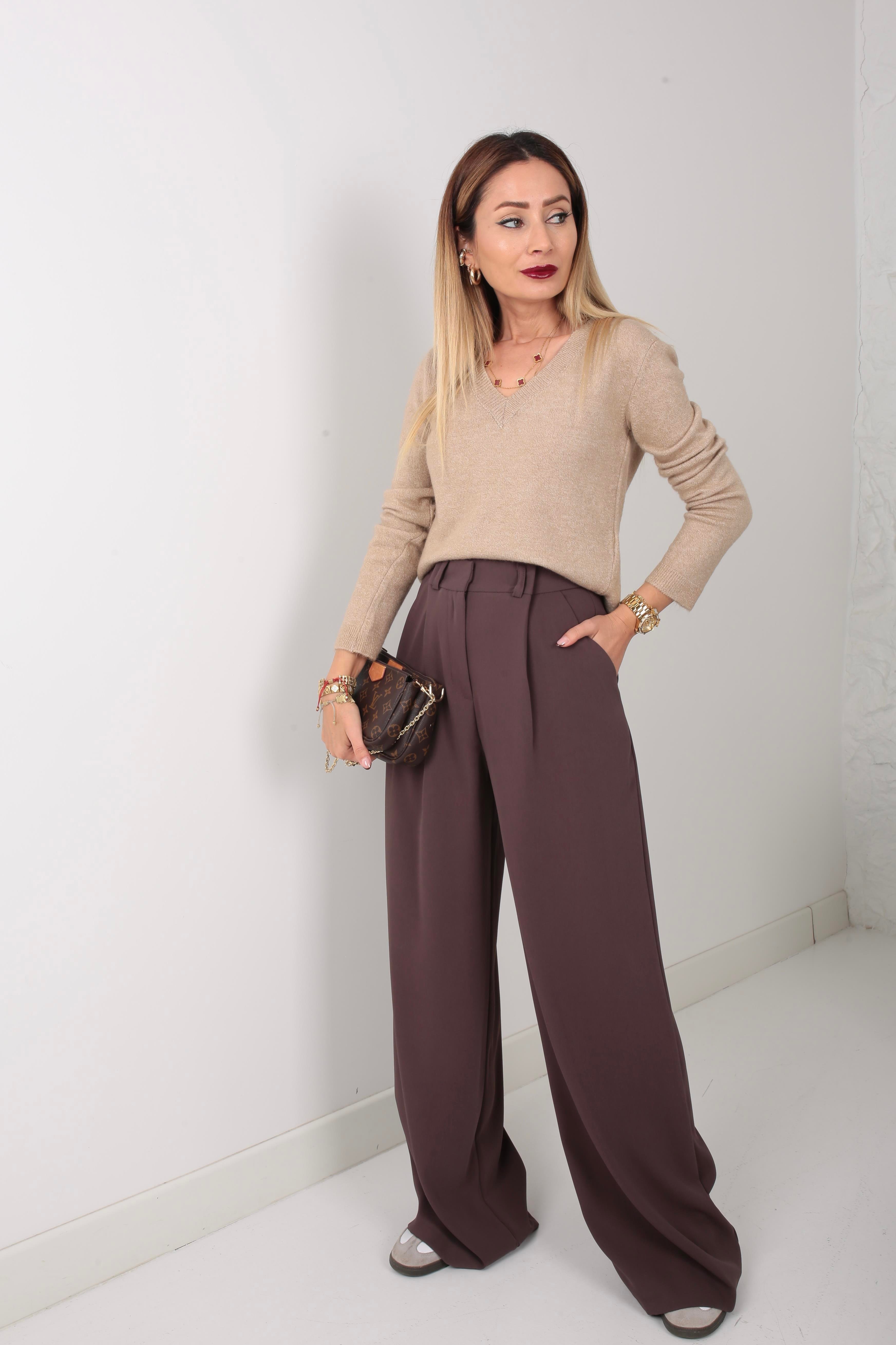 Kırma Pile Kahverengi Palazzo Pantolon PANTOLON