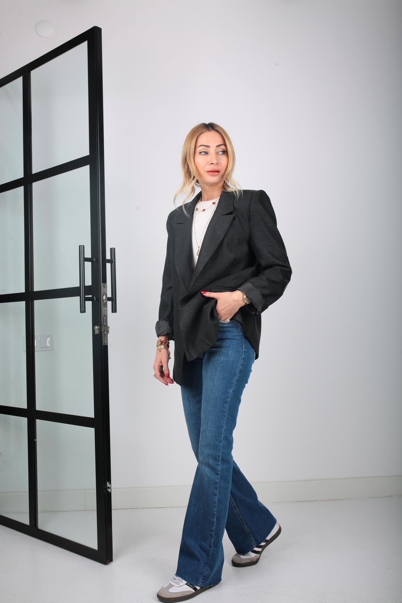 Kolu Deri Detay Pötikare Blazer Ceket CEKET