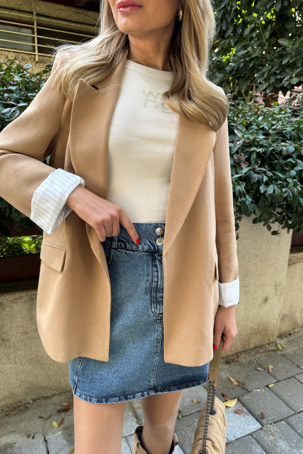 Kolu Katlı Çizgili Astarlı Camel Keten Blazer Ceket CEKET