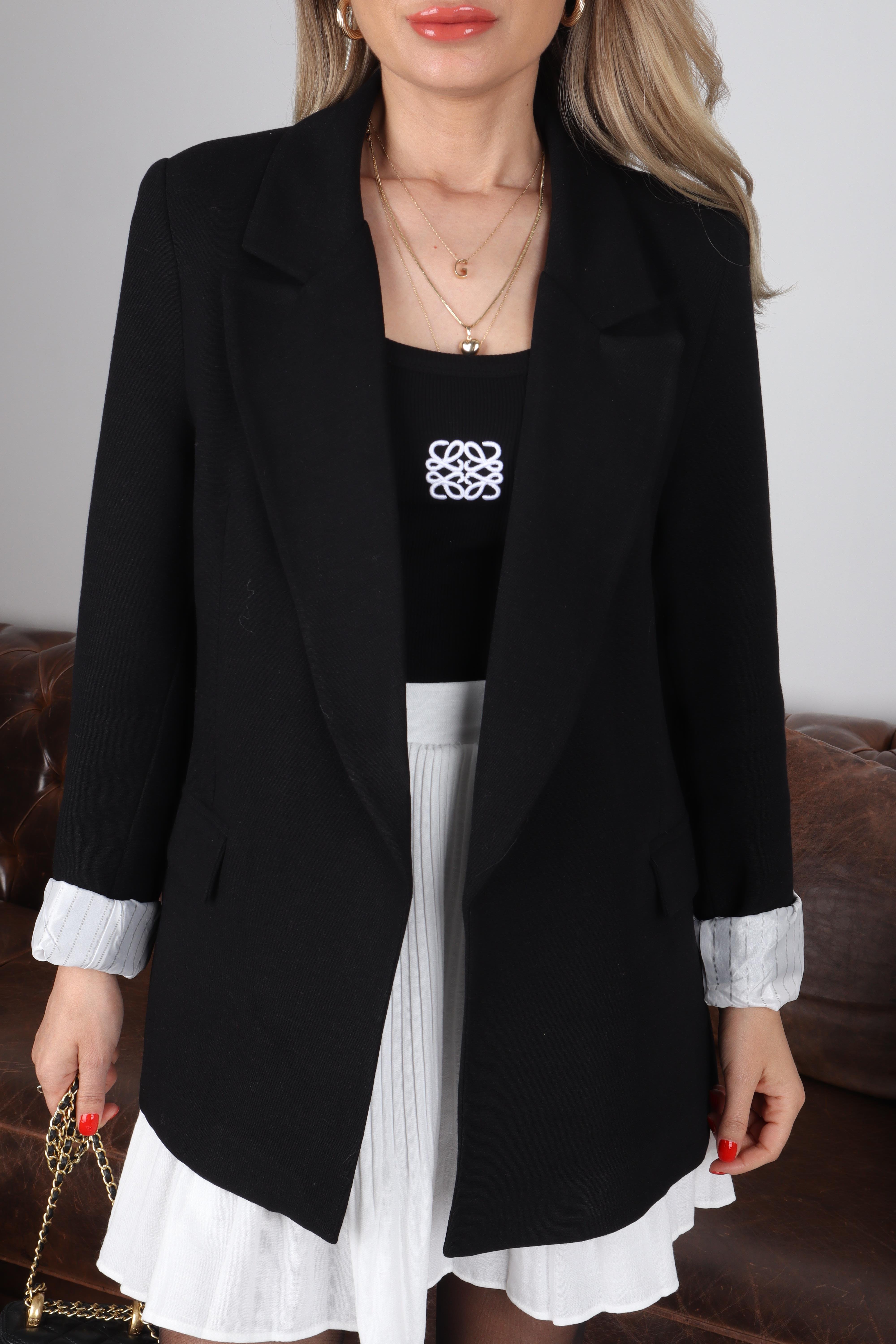 Kolu Katlı Çizgili Astarlı Siyah Keten Blazer Ceket CEKET