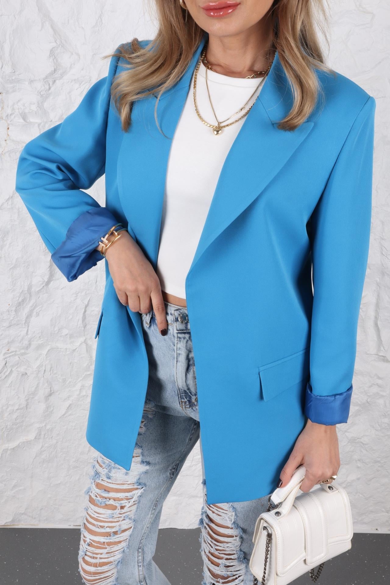 Kolu Katlı Kruvaze Mavi Blazer Ceket CEKET