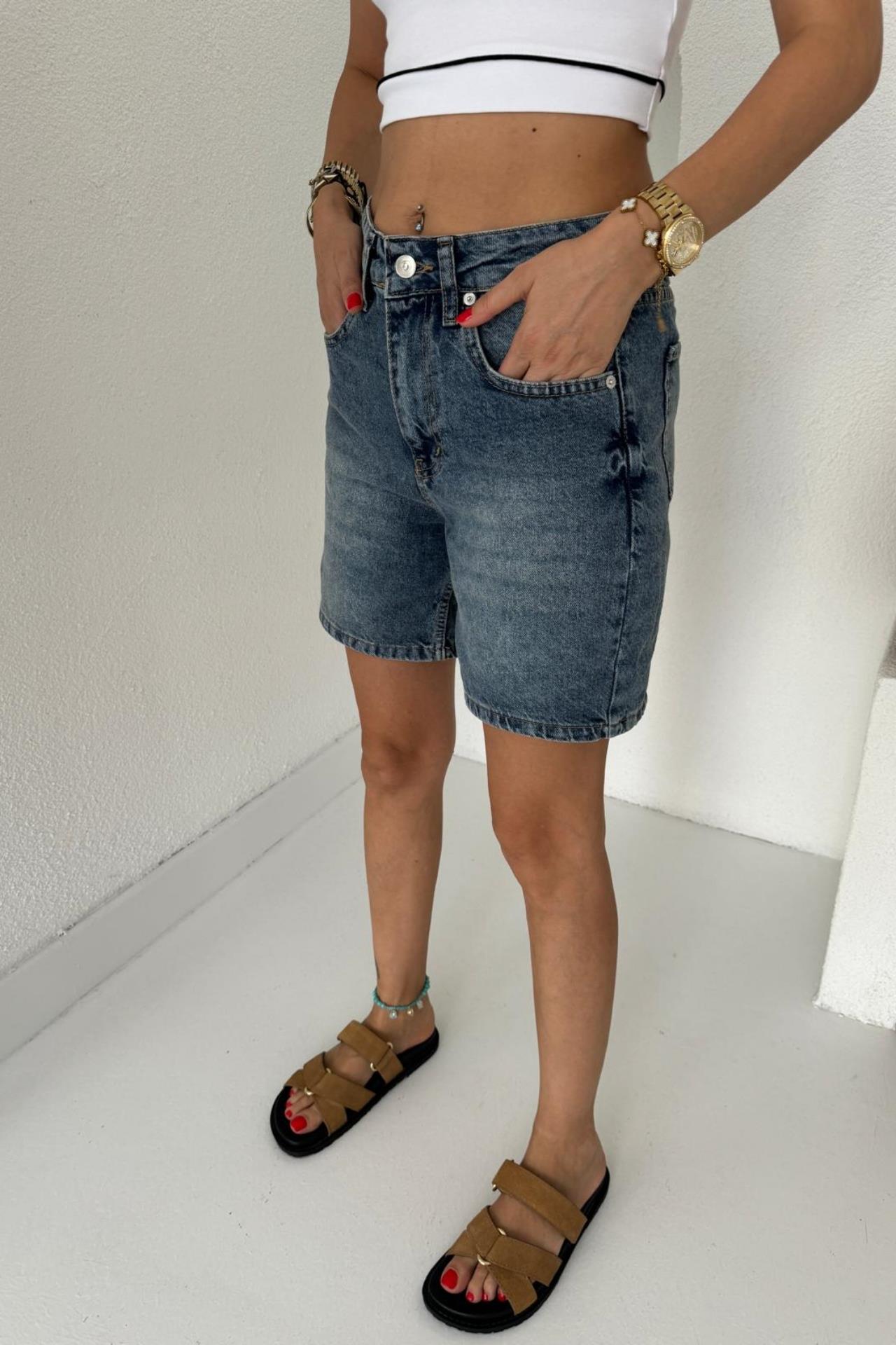 Koyu  Mavi Taşlamalı  Denim Şort ŞORT