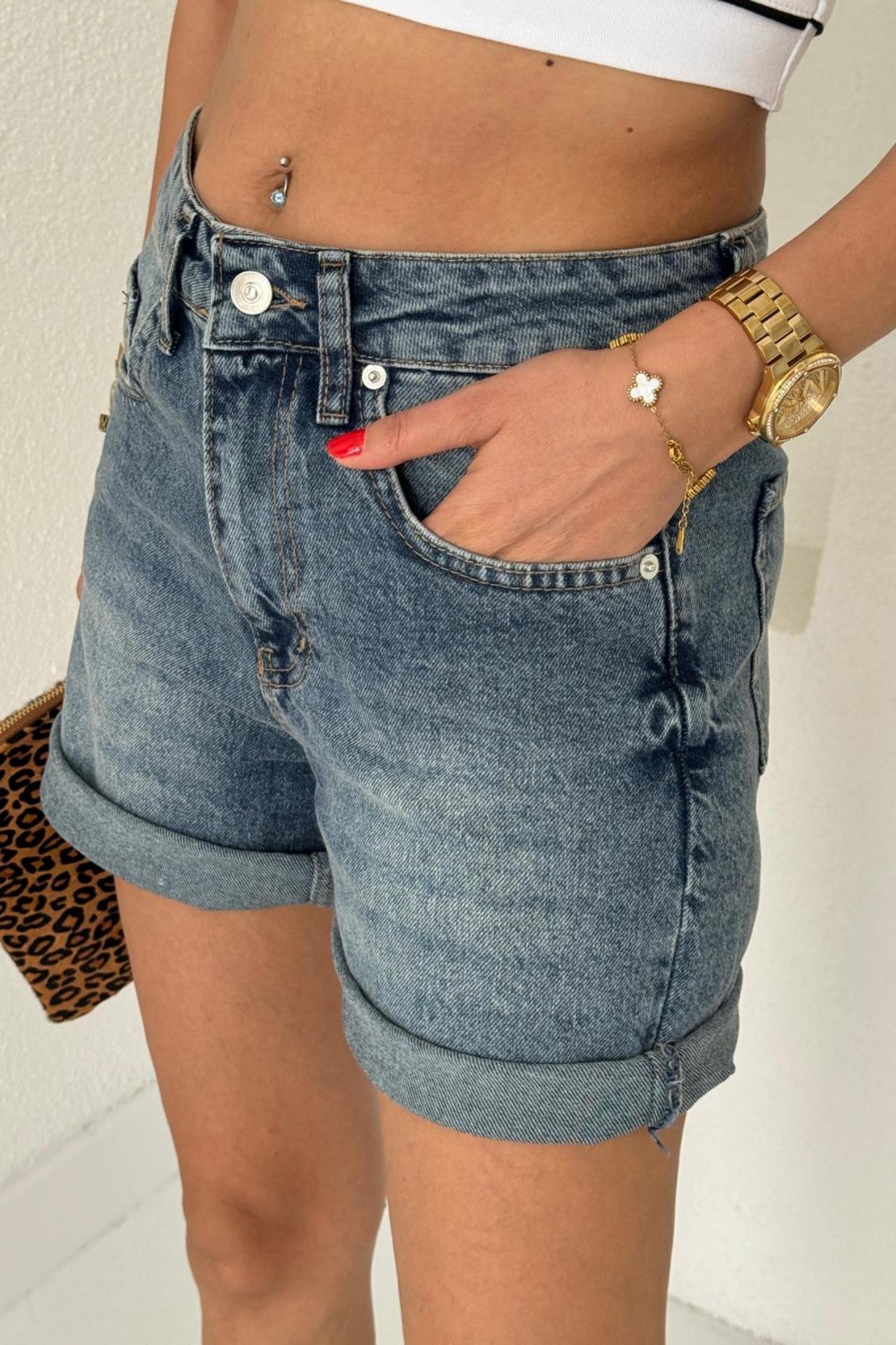 Koyu  Mavi Taşlamalı  Denim Şort ŞORT