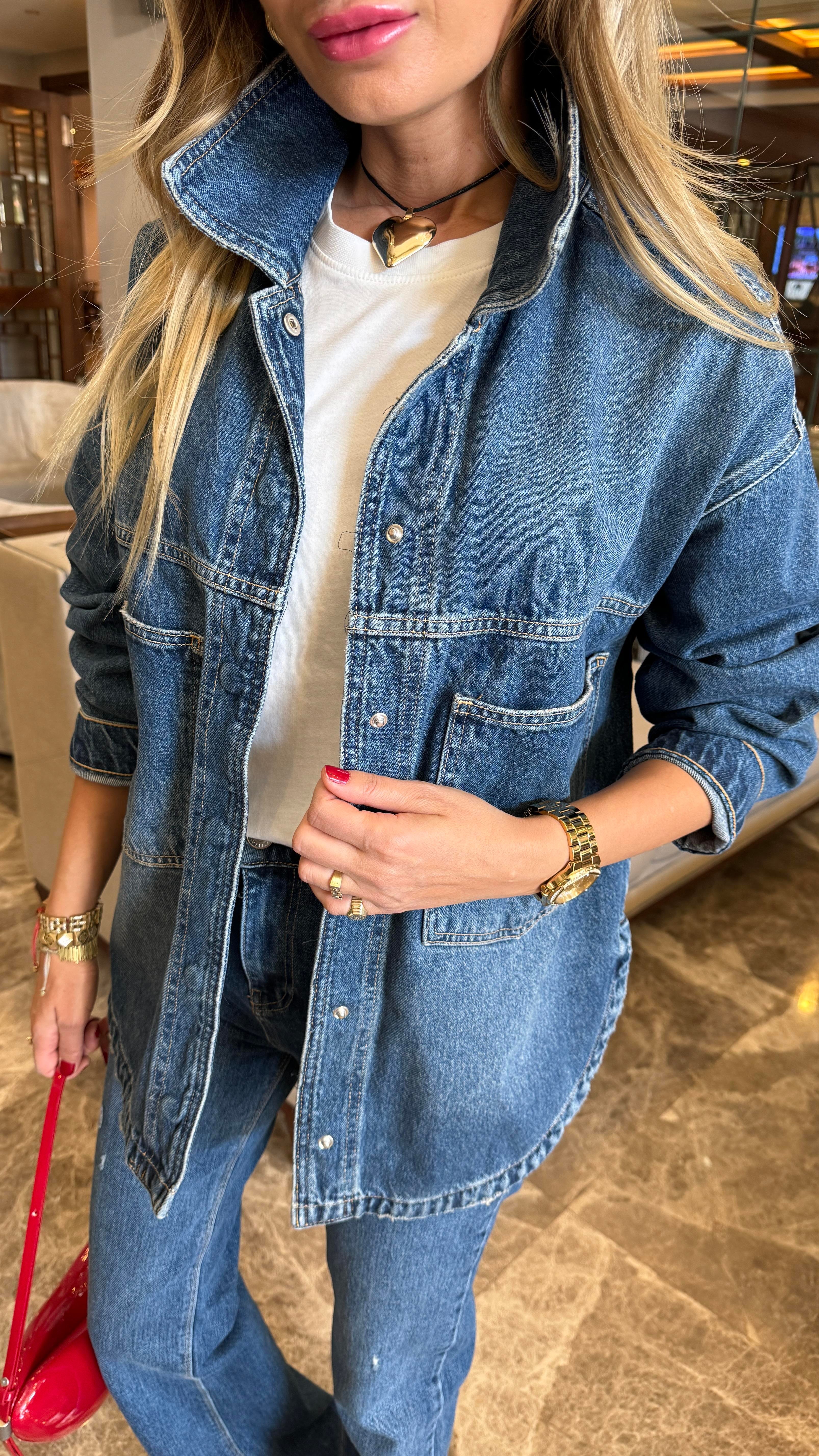 Koyu Mavi Yırtmaçlı Çıtçıtlı Denim Ceket (1940-2) CEKET