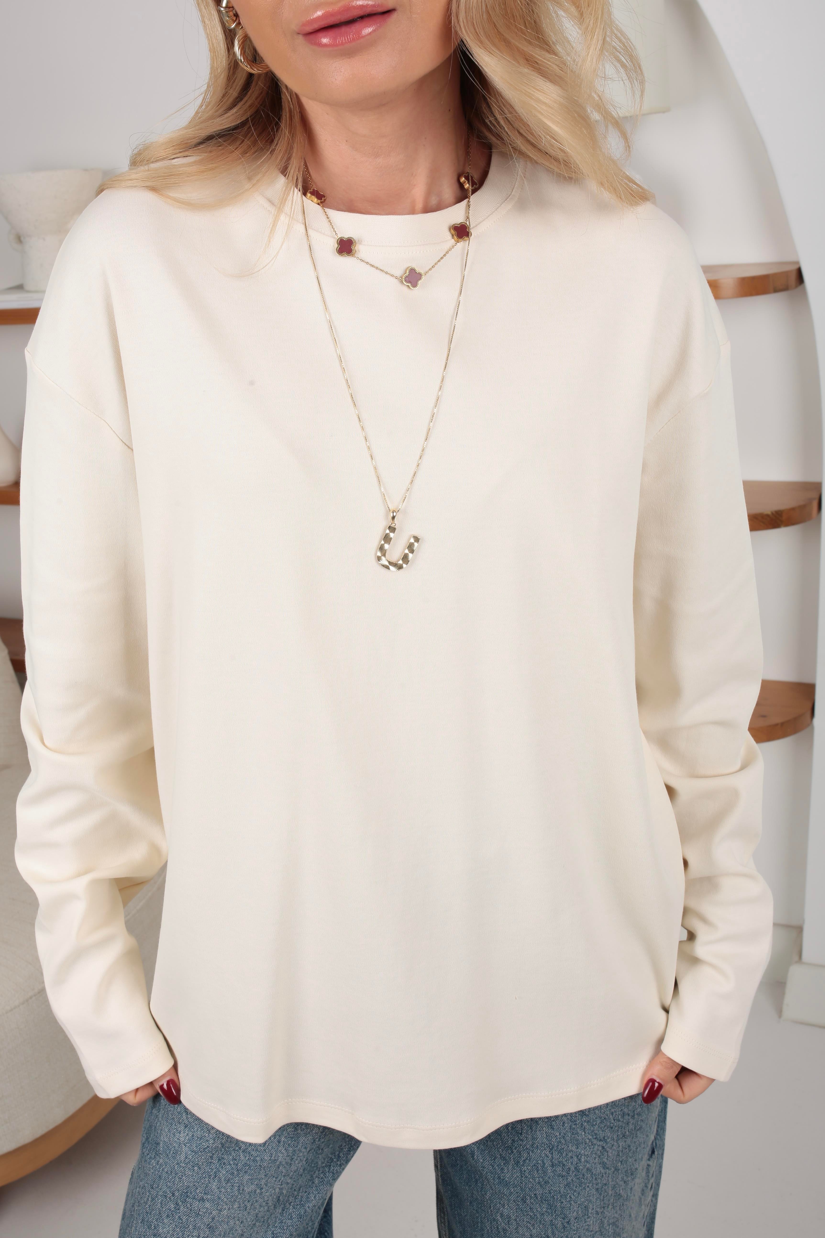 Krem Bisiklet Yaka Uzun Kol Basic SWEATSHİRT