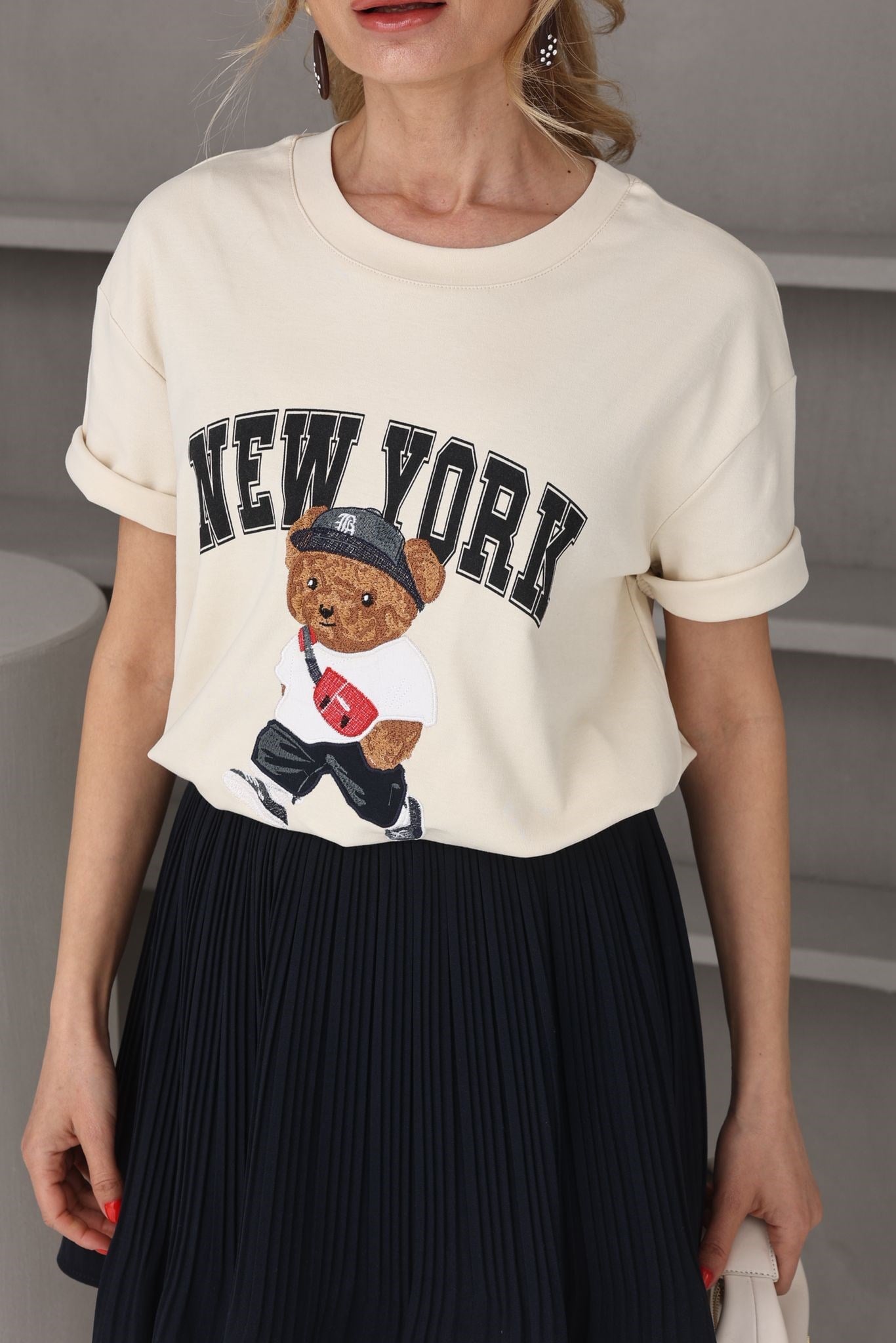 Krem Teddy Nakışlı Basic Tshirt T-SHİRT | NO33