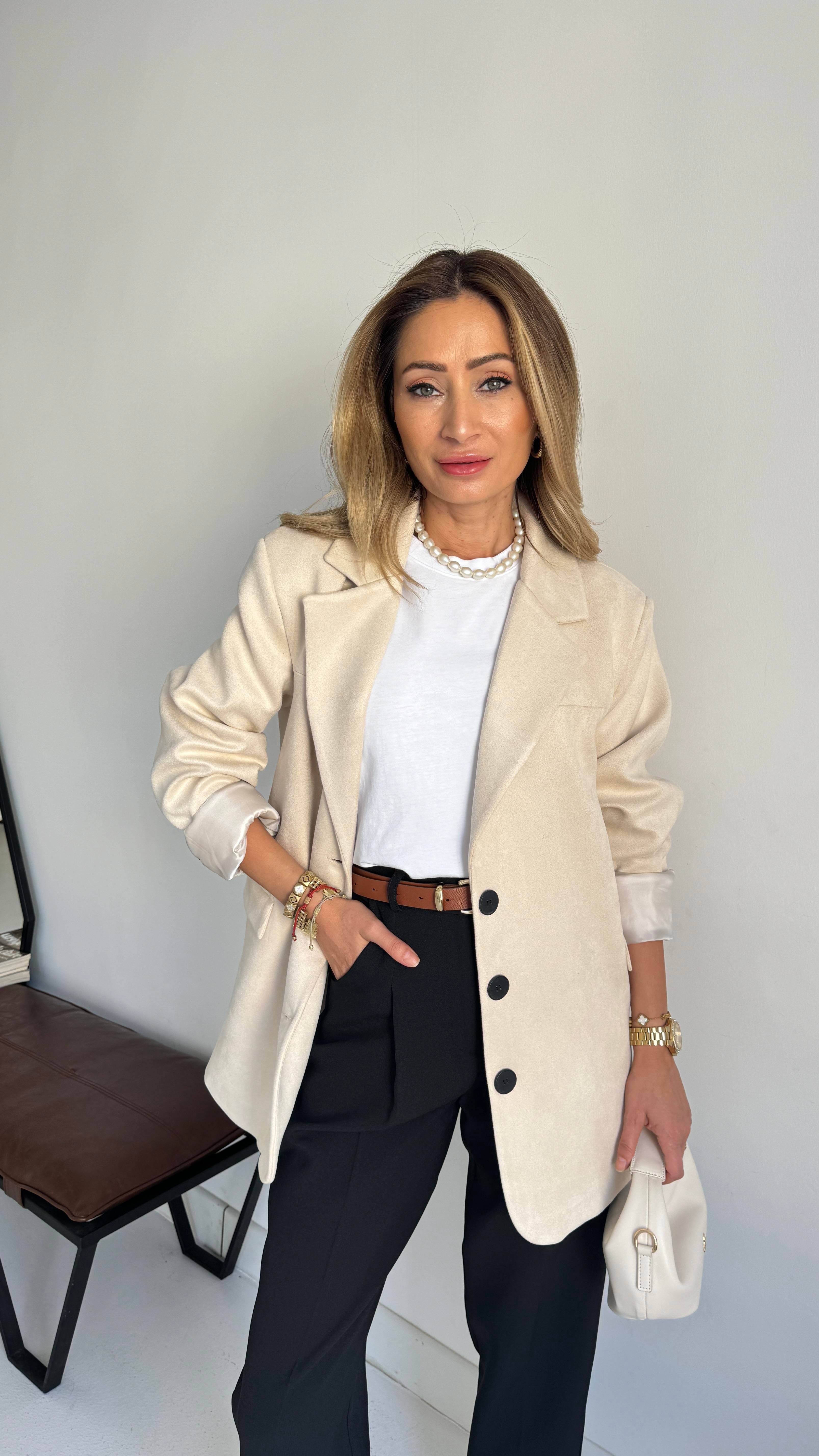 Krem Üç Düğmeli Nubuk Blazer Ceket CEKET