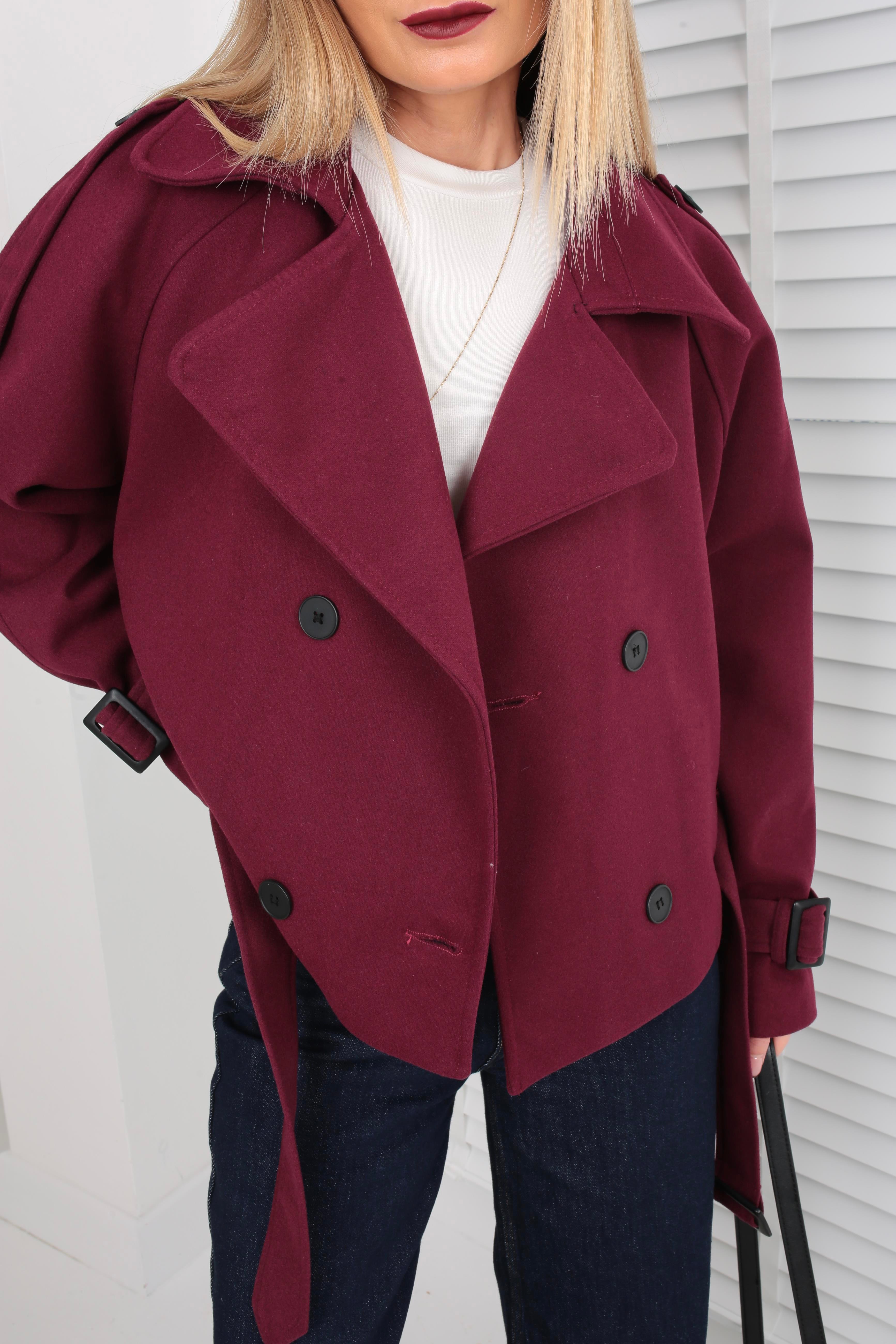 Kruvaze Kuşaklı Bordo Kısa Kaşe Ceket CEKET