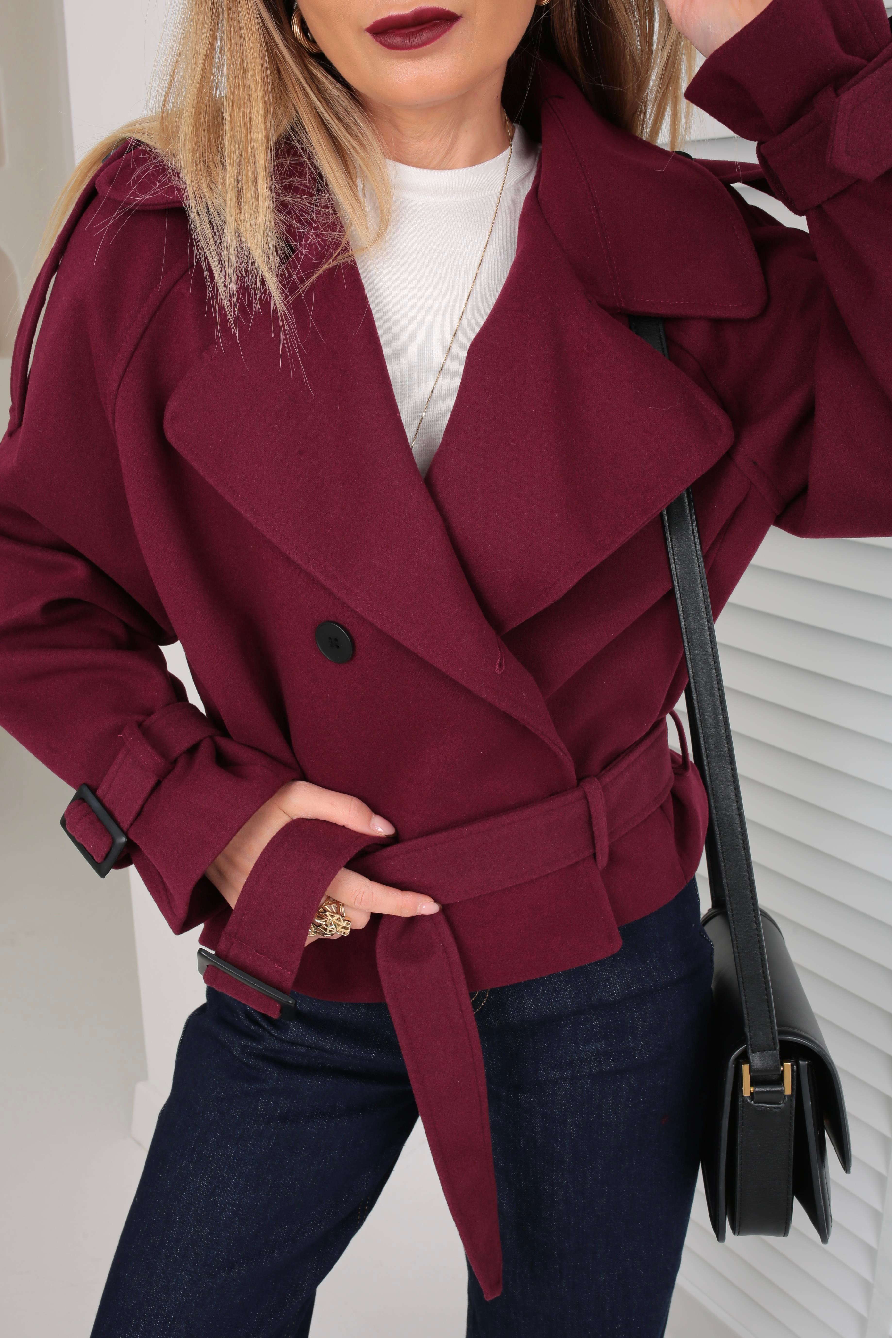 Kruvaze Kuşaklı Bordo Kısa Kaşe Ceket CEKET