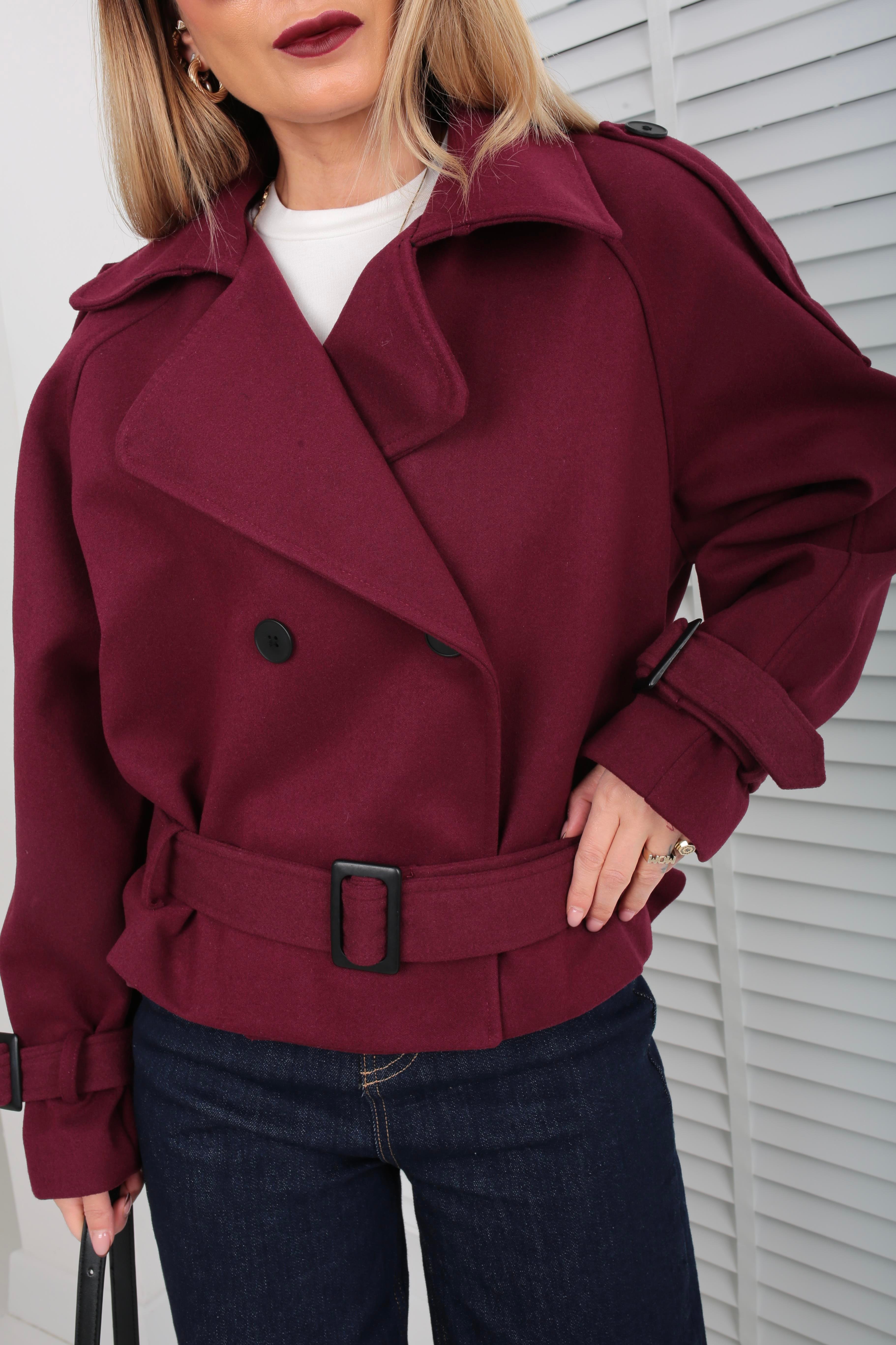 Kruvaze Kuşaklı Bordo Kısa Kaşe Ceket CEKET