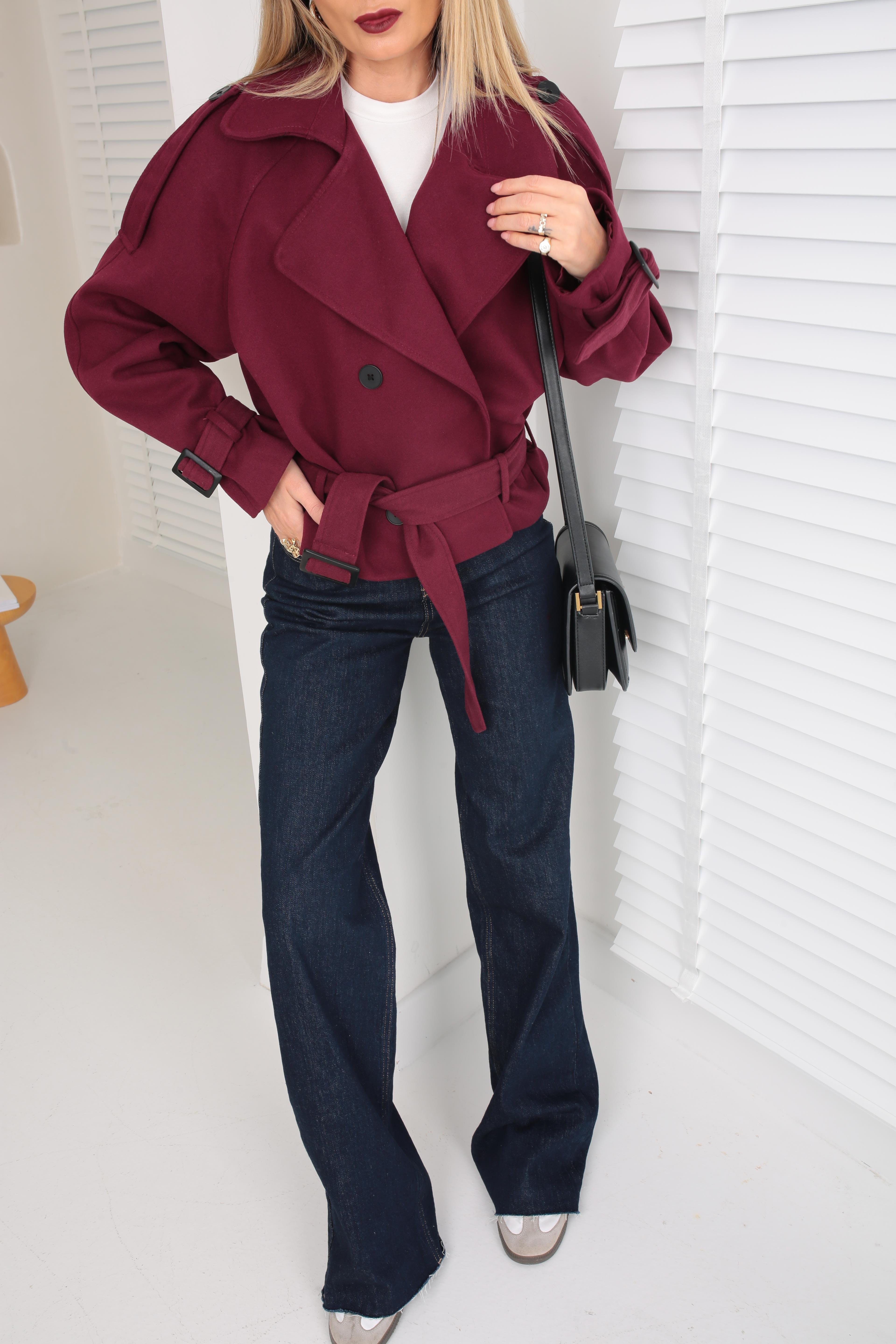 Kruvaze Kuşaklı Bordo Kısa Kaşe Ceket CEKET
