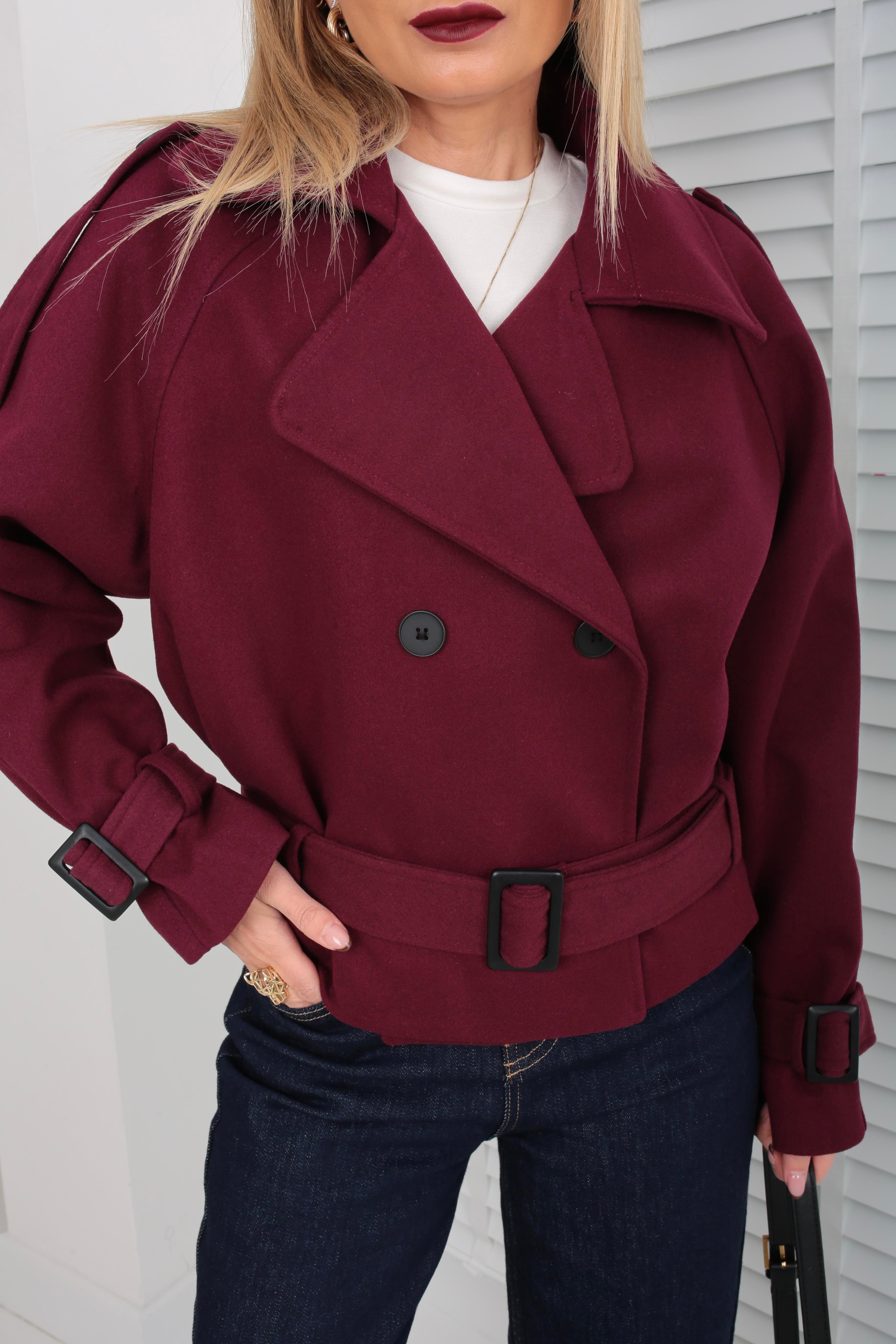 Kruvaze Kuşaklı Bordo Kısa Kaşe Ceket CEKET