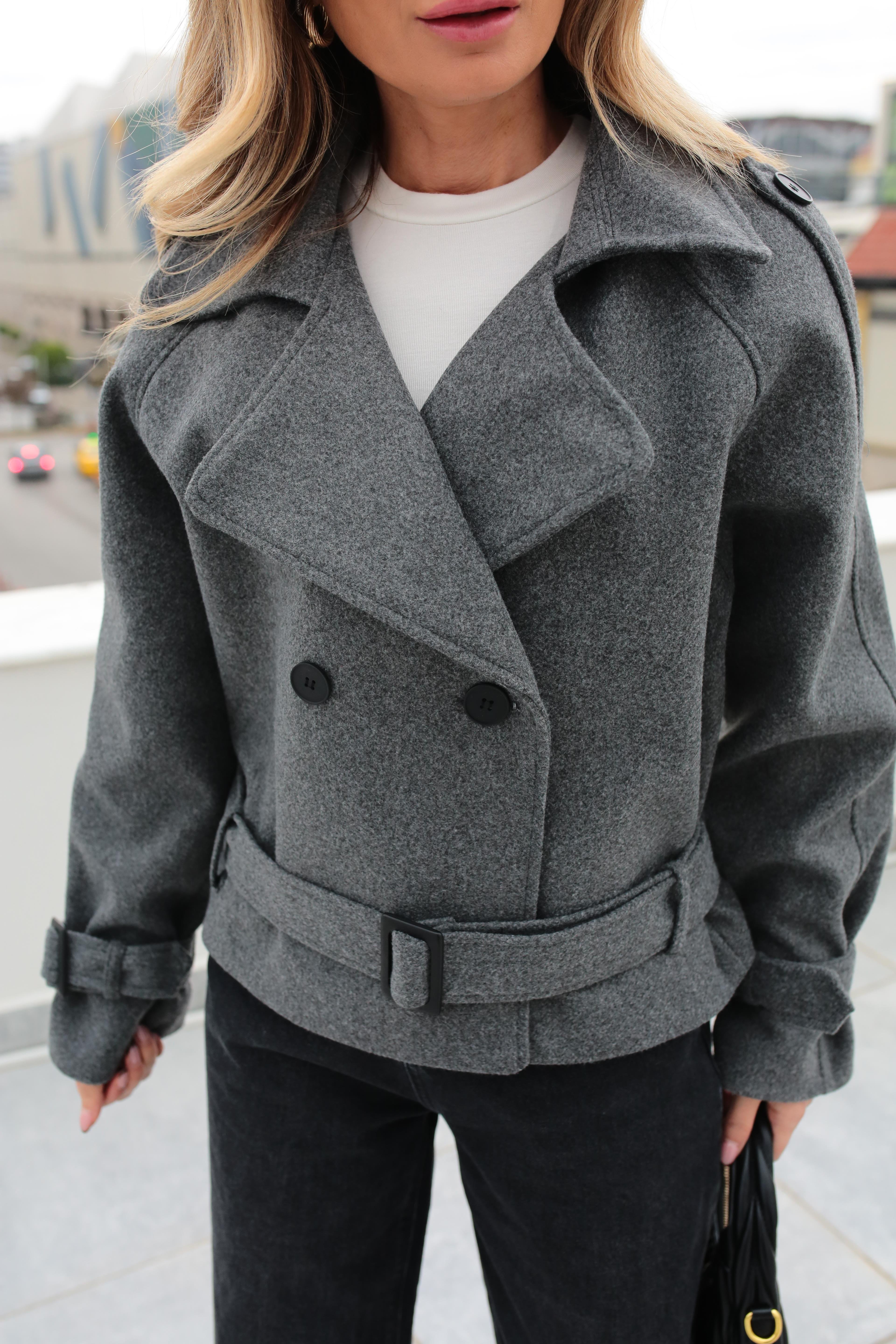 Kruvaze Kuşaklı Füme Kısa Kaşe Ceket CEKET