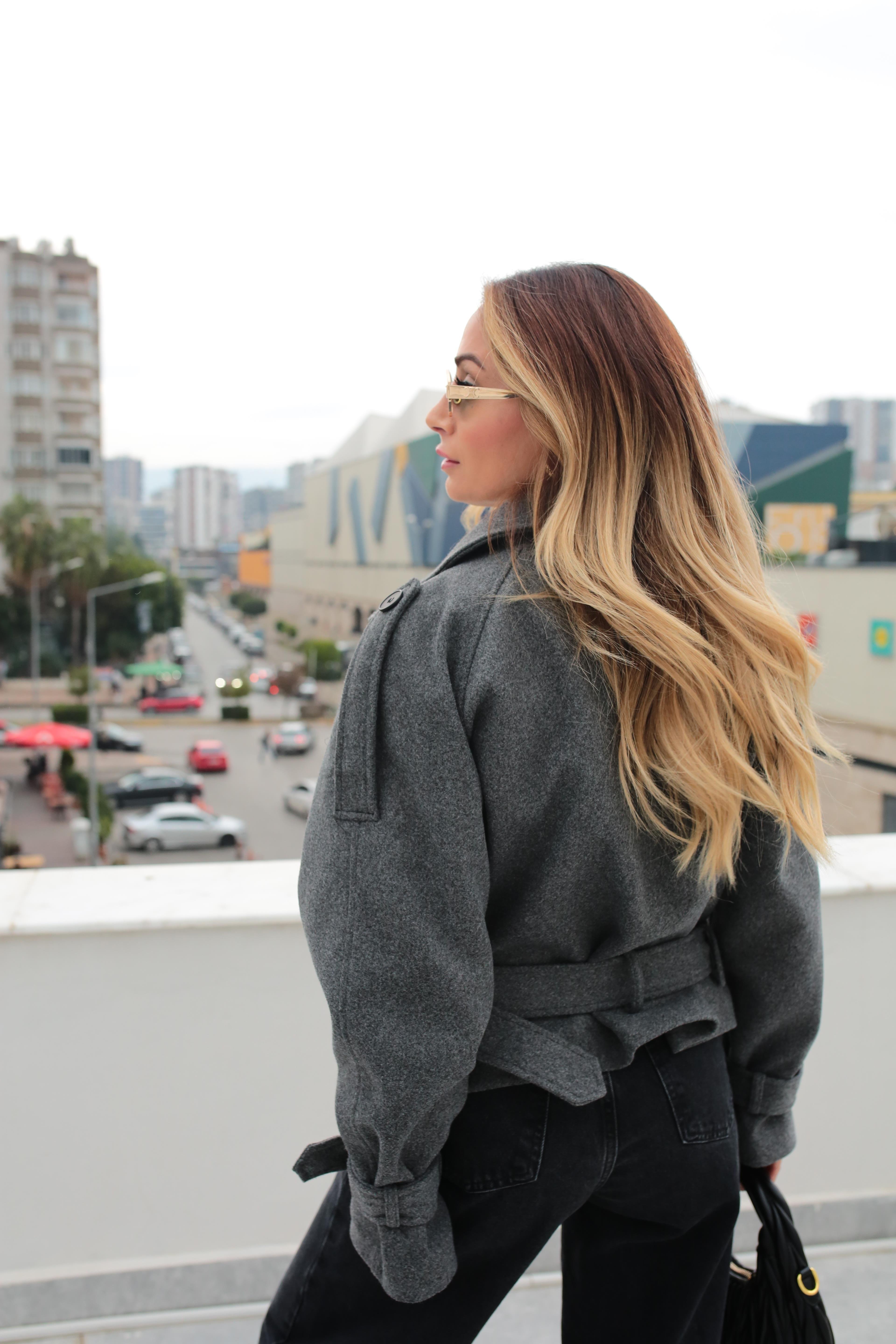 Kruvaze Kuşaklı Füme Kısa Kaşe Ceket CEKET