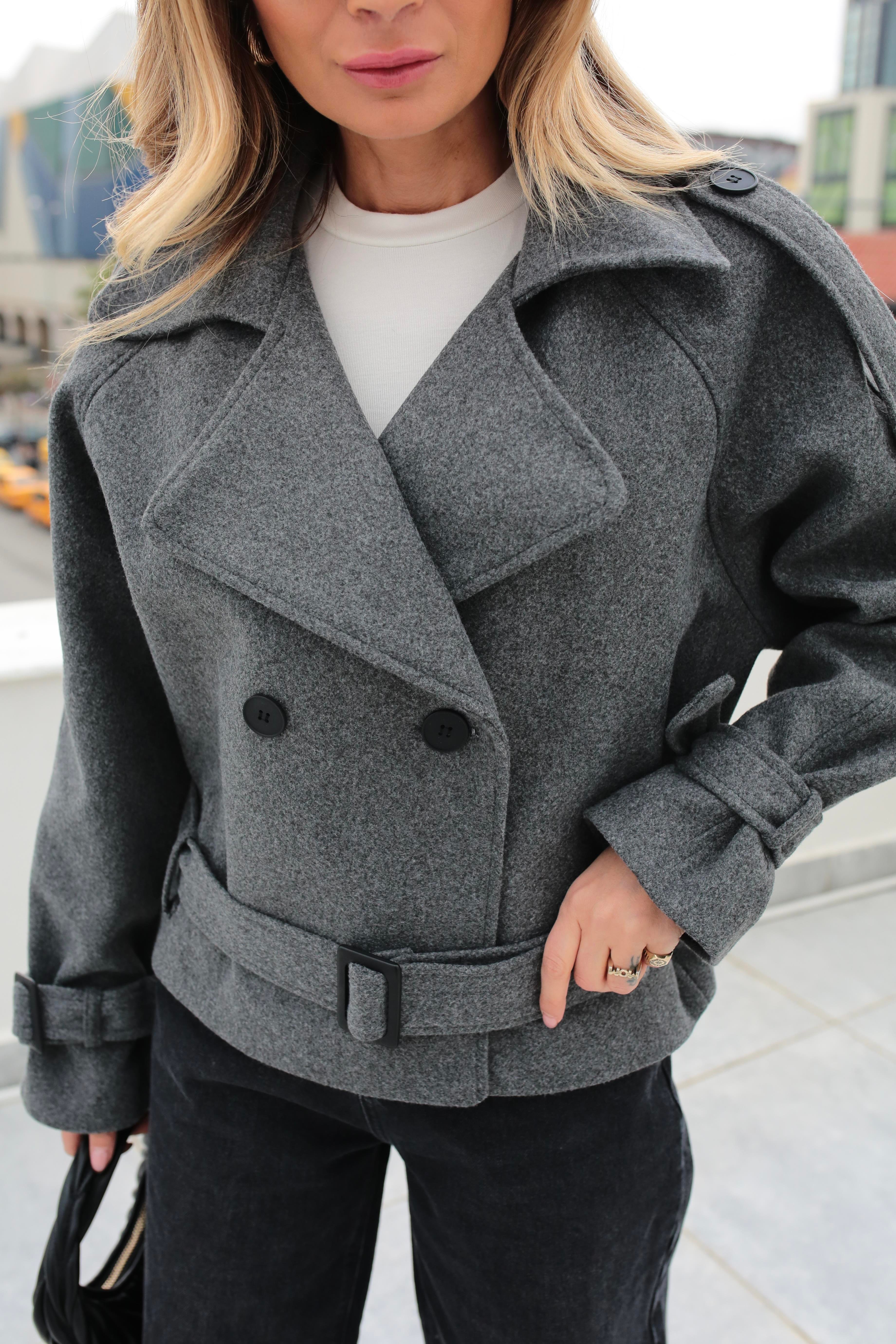 Kruvaze Kuşaklı Füme Kısa Kaşe Ceket CEKET