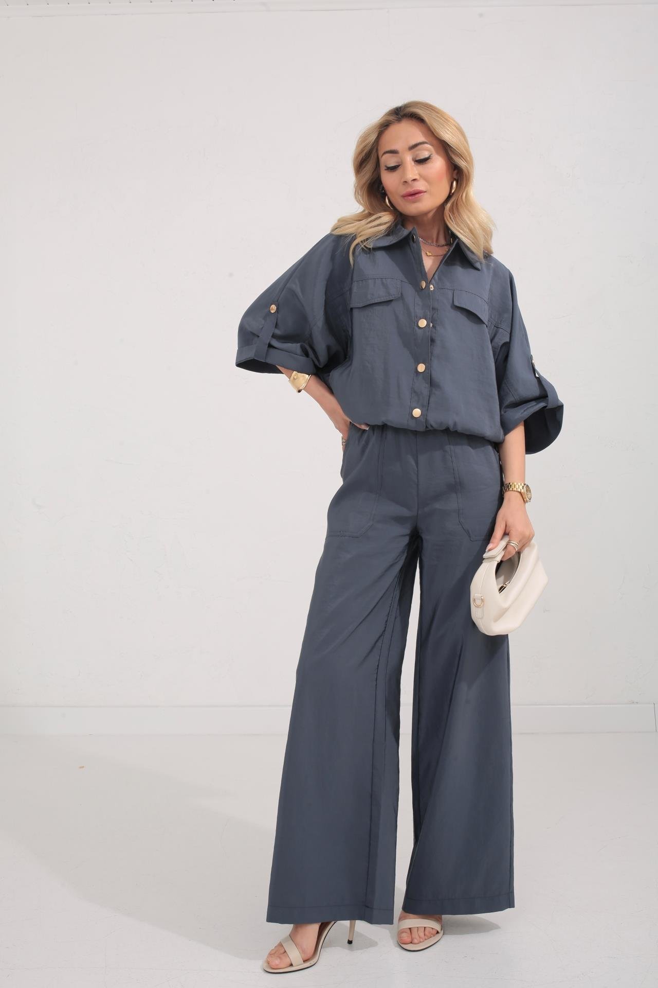 Lacivert Beli Lastikli Tensel Kumaş Takım TAKIM