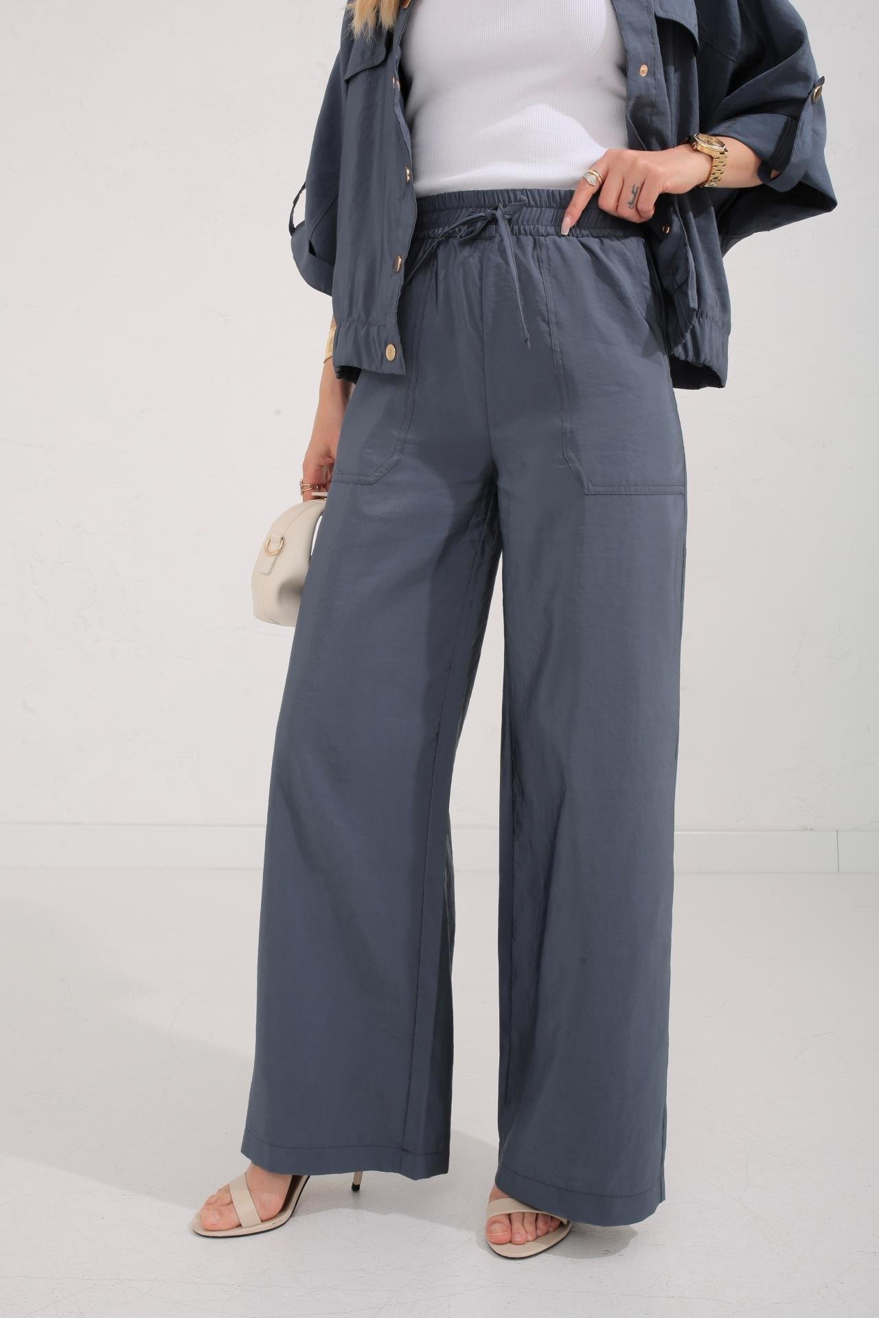 Lacivert Beli Lastikli Tensel Kumaş Takım TAKIM