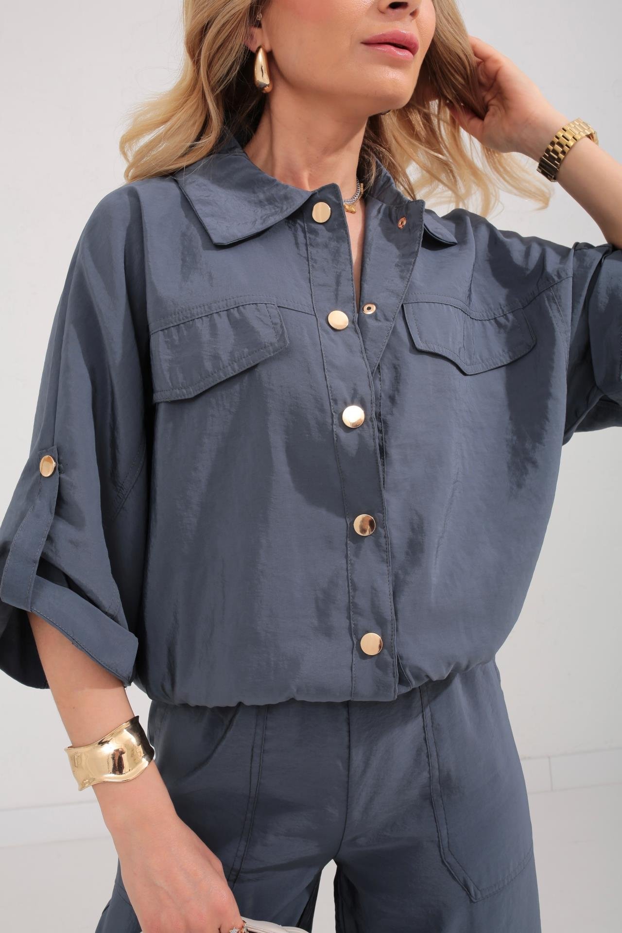 Lacivert Beli Lastikli Tensel Kumaş Takım TAKIM