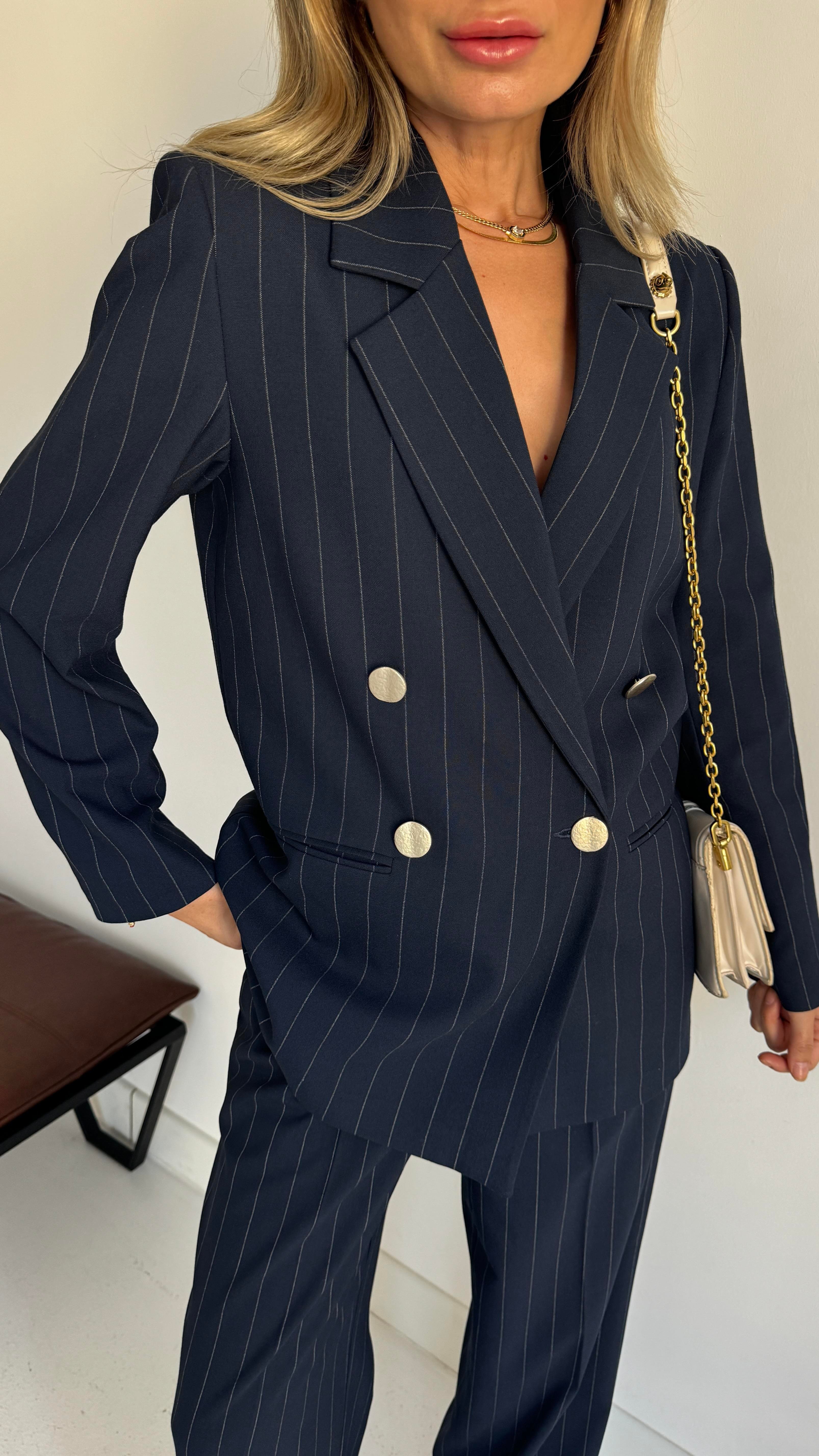 Lacivert Çizgili Gold Düğmeli Blazer Takım TAKIM