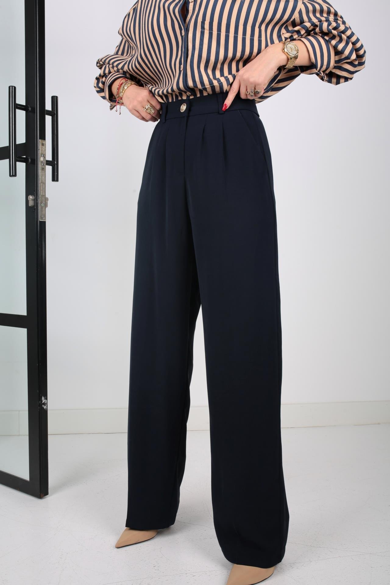 Lacivert Gold Düğmeli Yarım Lastik Palazzo Pantolon PANTOLON