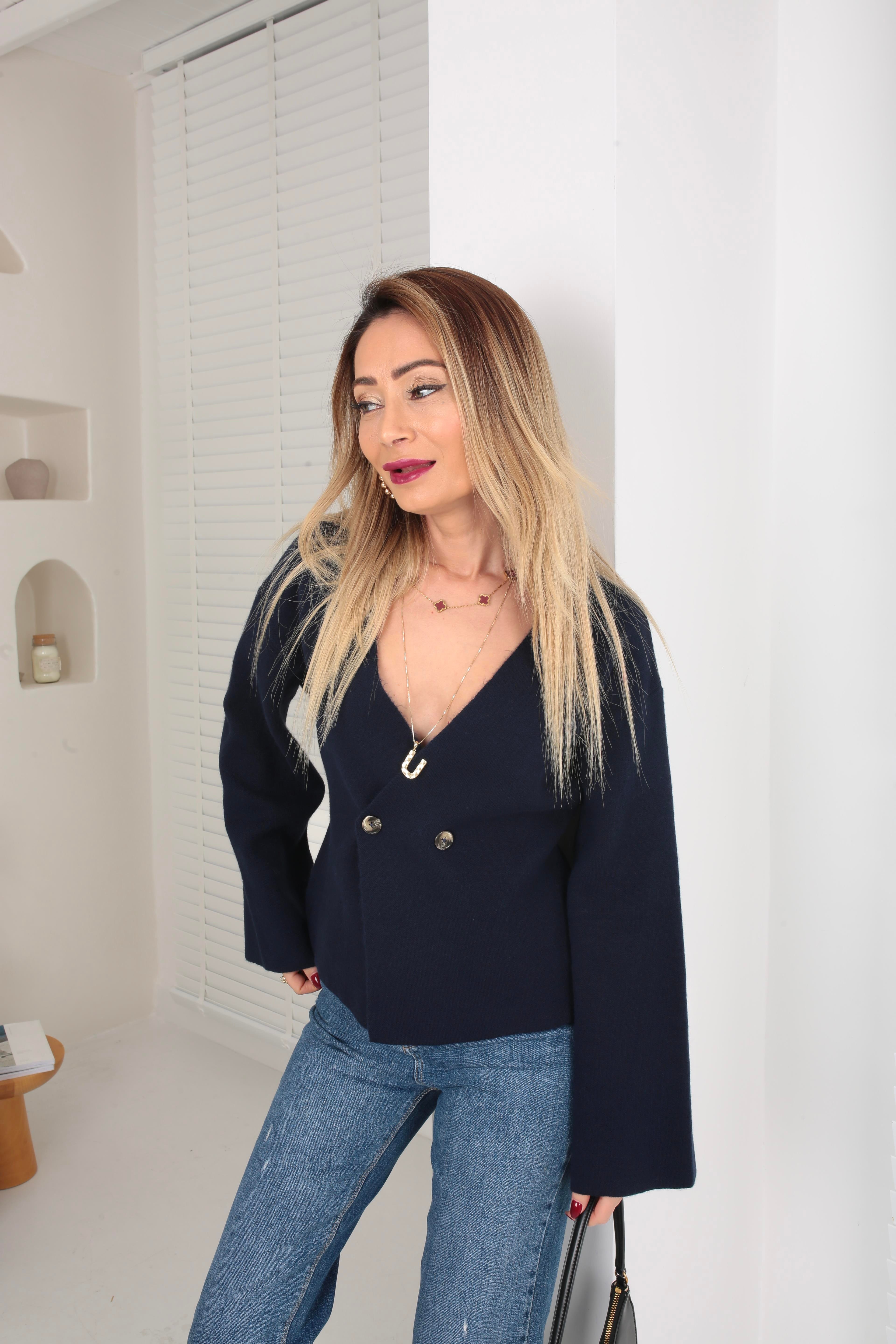 Lacivert  Kruvaze Çift Düğme Hırka HIRKA