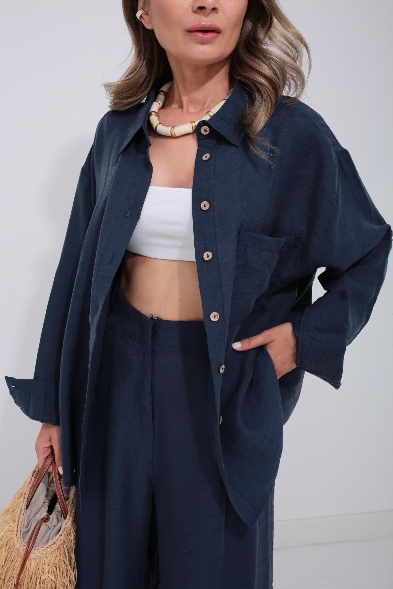 Lacivert Tek Cep Gömlekli Palazzo Takım TAKIM | NO33