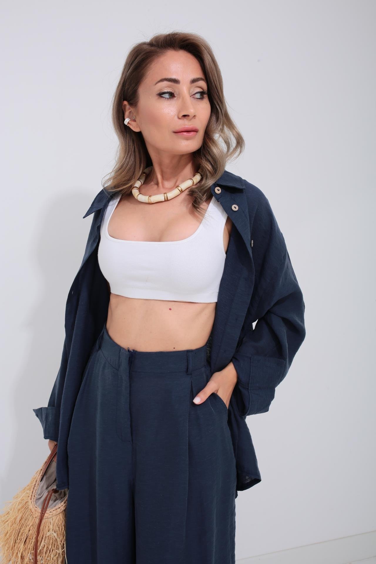 Lacivert Tek Cep Gömlekli Palazzo Takım TAKIM | NO33