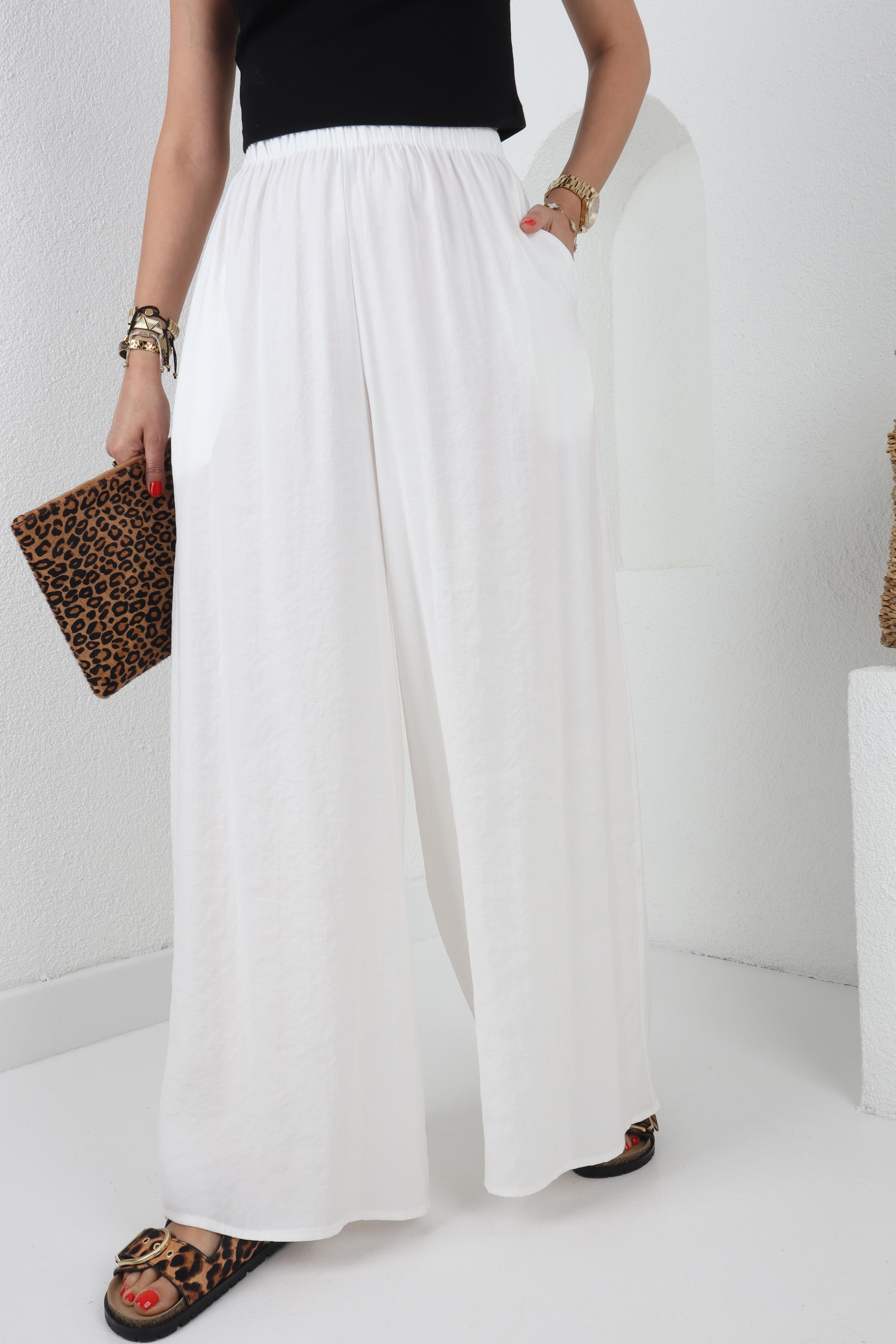 Lastikli Geniş Kesim Beyaz Tensel Pantolon PANTOLON